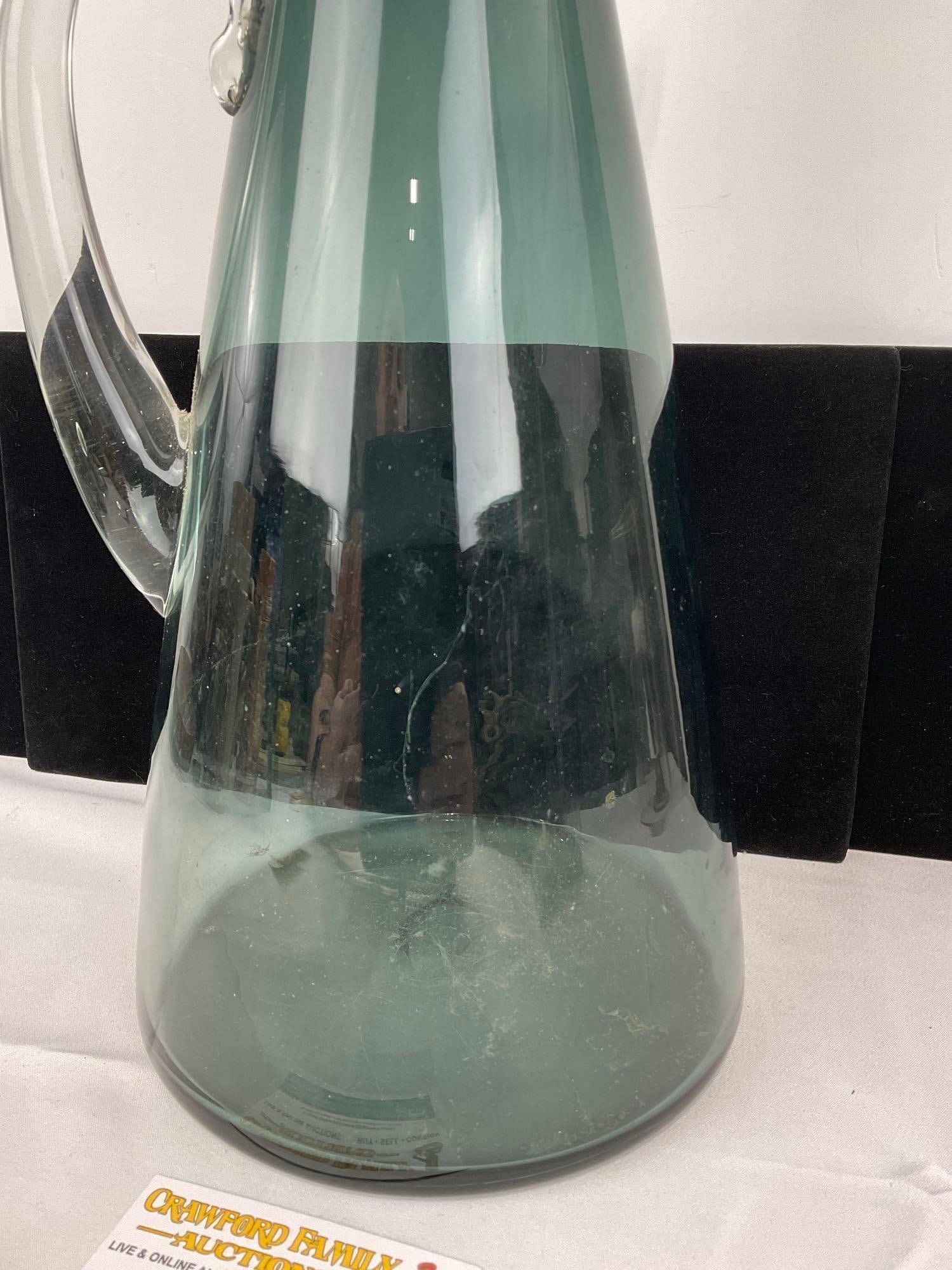 Vintage 1950s Unmarked Blenko #967 Glass Pitcher, 19h x 8w x 8d inches, clear crystal handle - 3