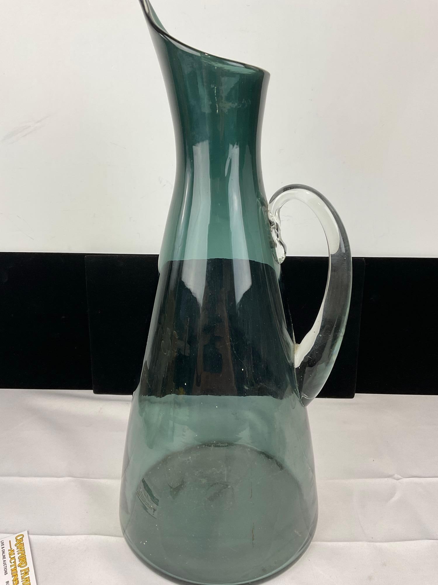 Vintage 1950s Unmarked Blenko #967 Glass Pitcher, 19h x 8w x 8d inches, clear crystal handle - 4