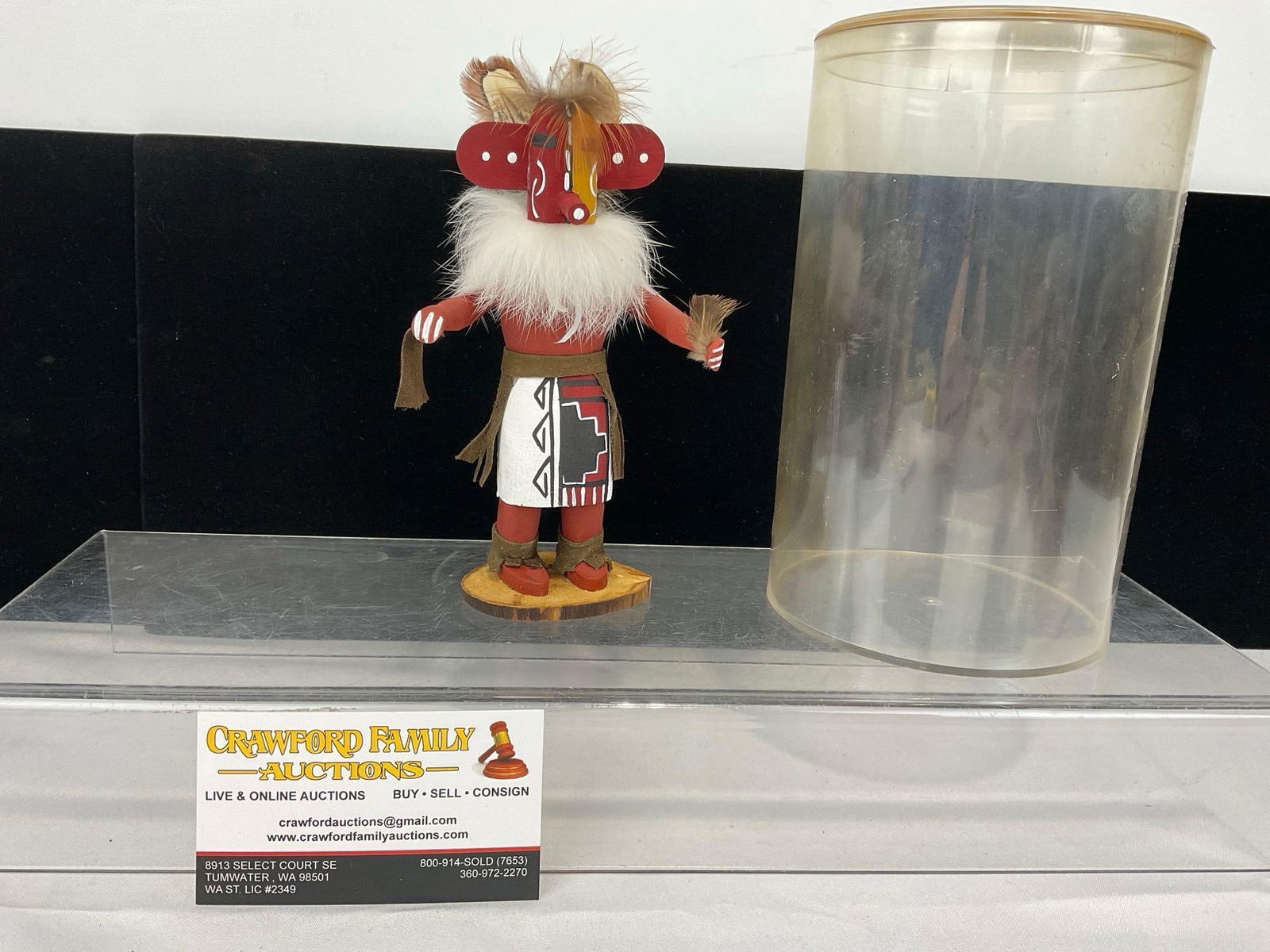 Small Native American Kachina Doll, Fur & Handpainted Wood, w/Acrylic Display Cylinder, 8h x 5w x...: Marked on the bottom, Sunset Creater, 11.4.99. Appears to be in good shape. The piece measures approx 8h x 5w x 5d inches. See pics. E-5360 