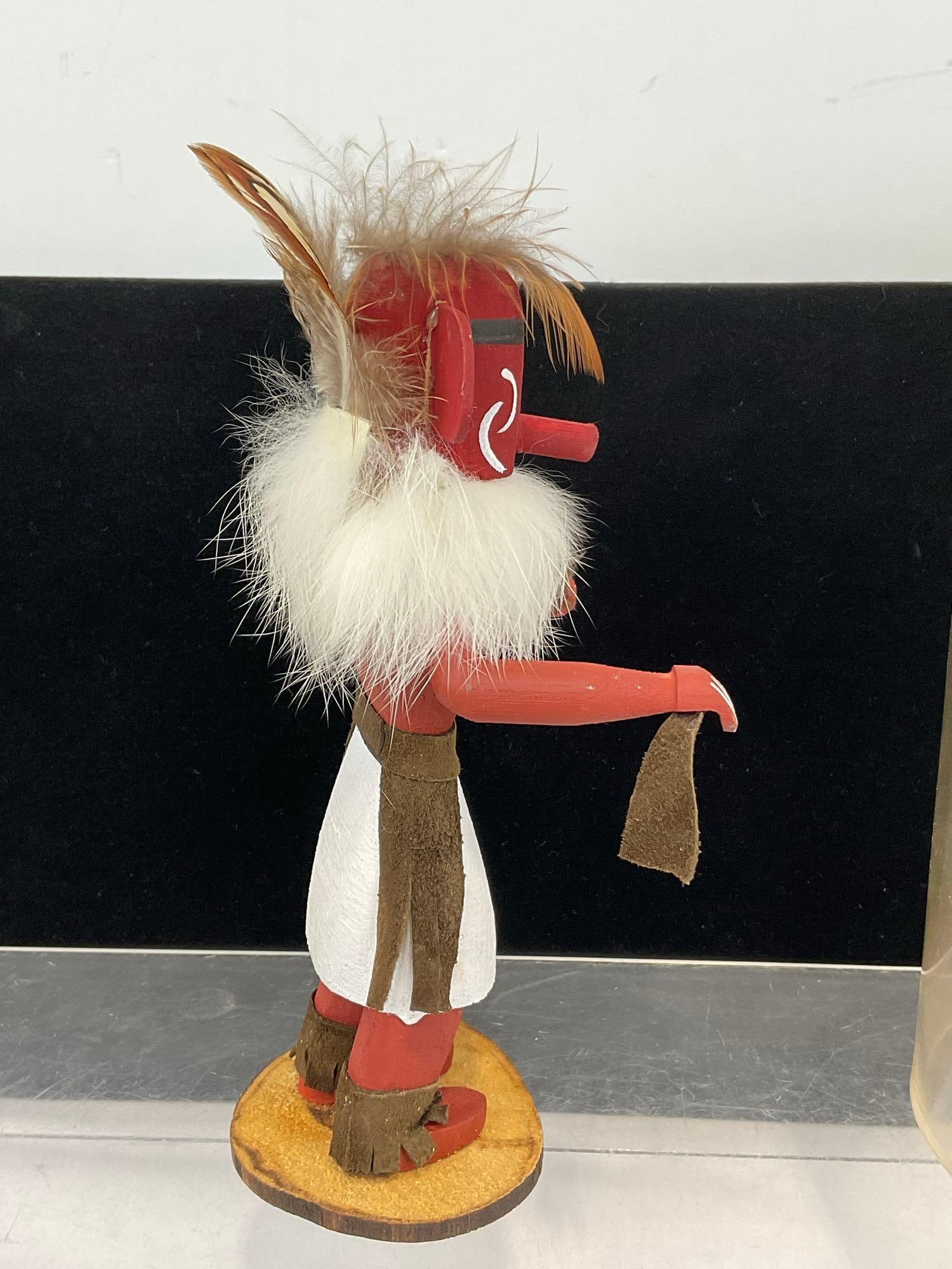 Small Native American Kachina Doll, Fur & Handpainted Wood, w/Acrylic Display Cylinder, 8h x 5w x... - 2