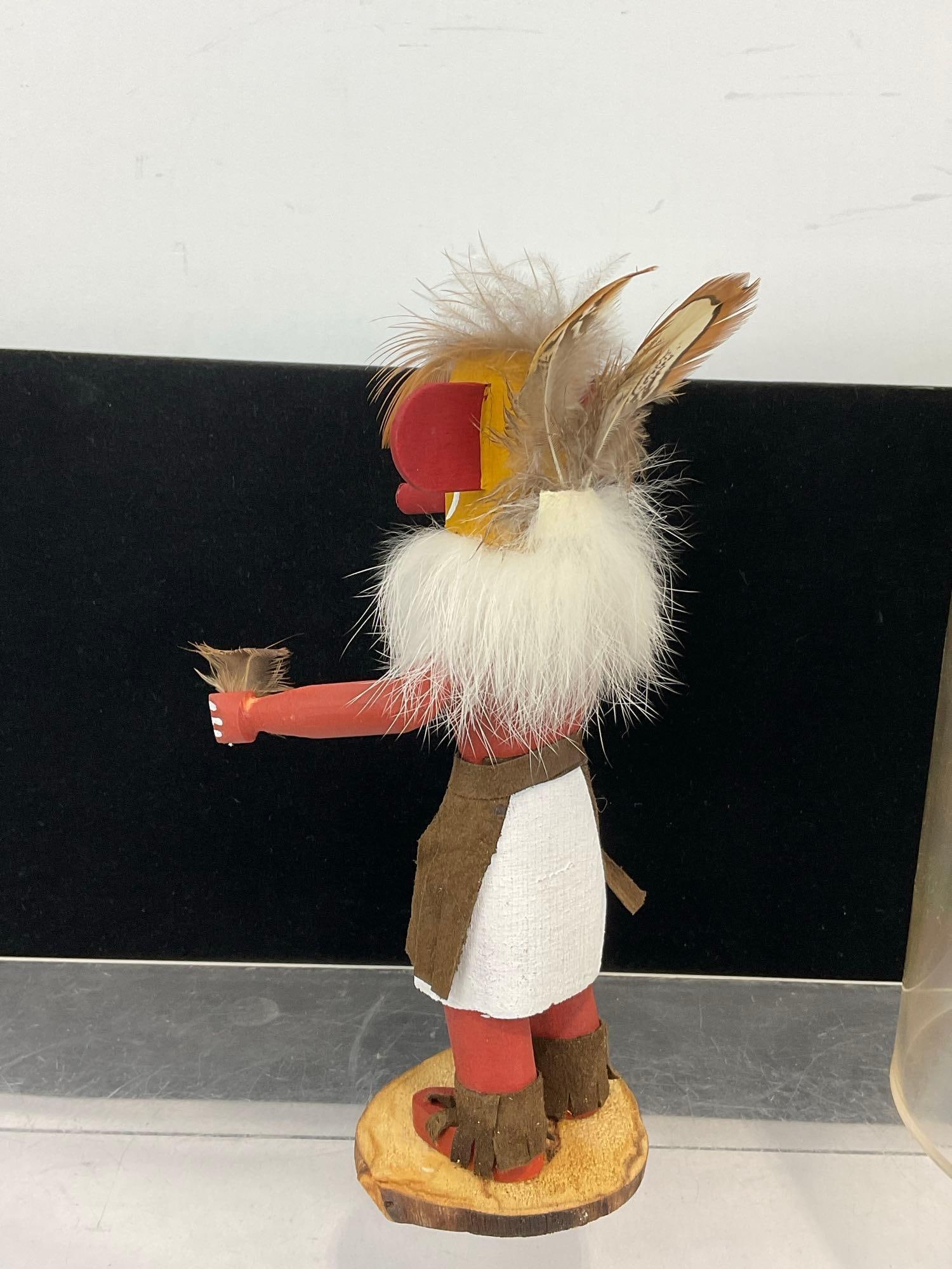 Small Native American Kachina Doll, Fur & Handpainted Wood, w/Acrylic Display Cylinder, 8h x 5w x... - 3