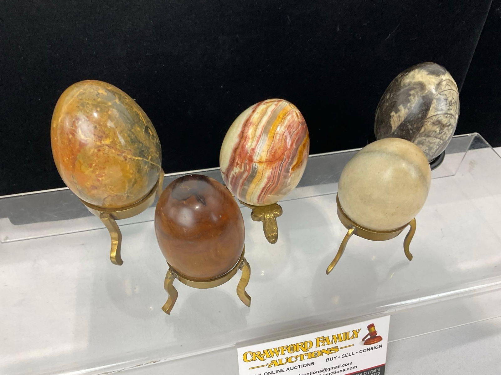 5 Polished Carved Egg Pieces, 3 Stone, 1 Wooden & 1 Orthoceras Fossil, w/ 5 Stands - 2