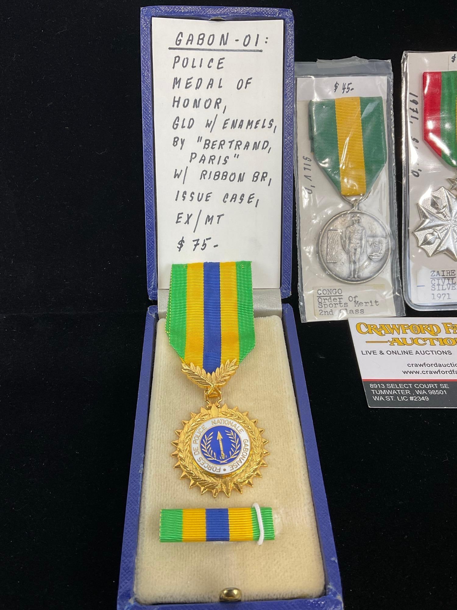 3 Medals, Gabon Police Medal of Honor, Congo Order of Sports Merit 2nd cl & Zaire Civil Merit Sil... - 2