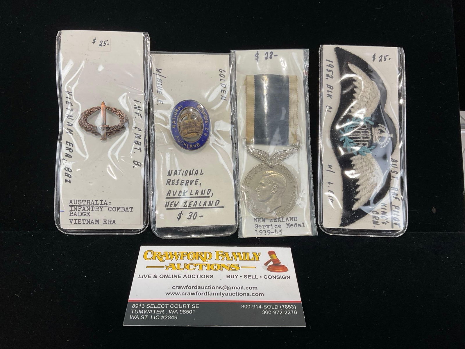 New Zealand Natl Reserve Pin & Service Medal WW2, & RAF Pilot Patch & Infantry Combat Badge Pin: All from a single collection, these are briefly described on the tag and were kept in a display. They measure approx 6h x 3w x 2d inches. See pics. E-5300 