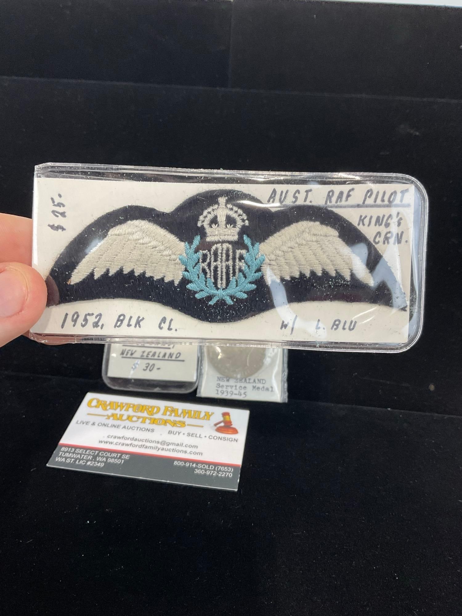 New Zealand Natl Reserve Pin & Service Medal WW2, & RAF Pilot Patch & Infantry Combat Badge Pin - 3