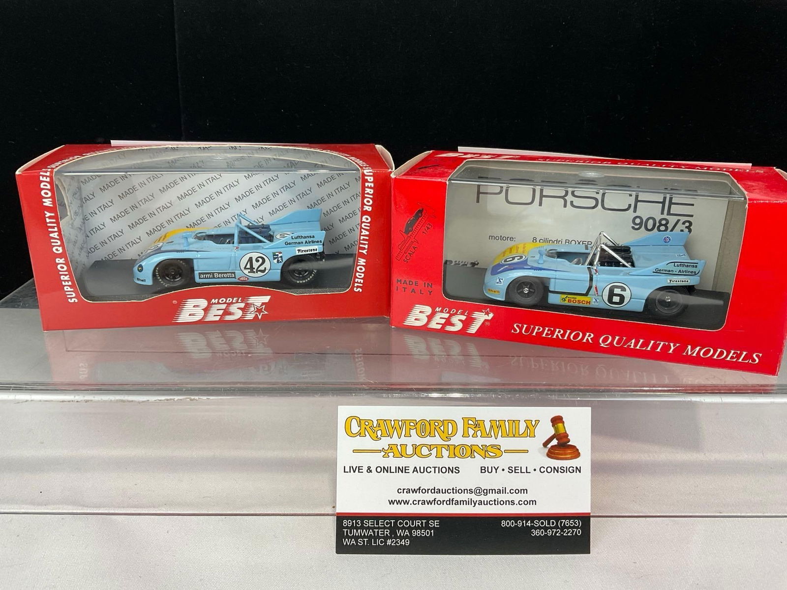 Pair of Model Best Porsche 908/3 driven by Joest, 1/43 Scale Diecast Car Model orig boxes (1 of 7)