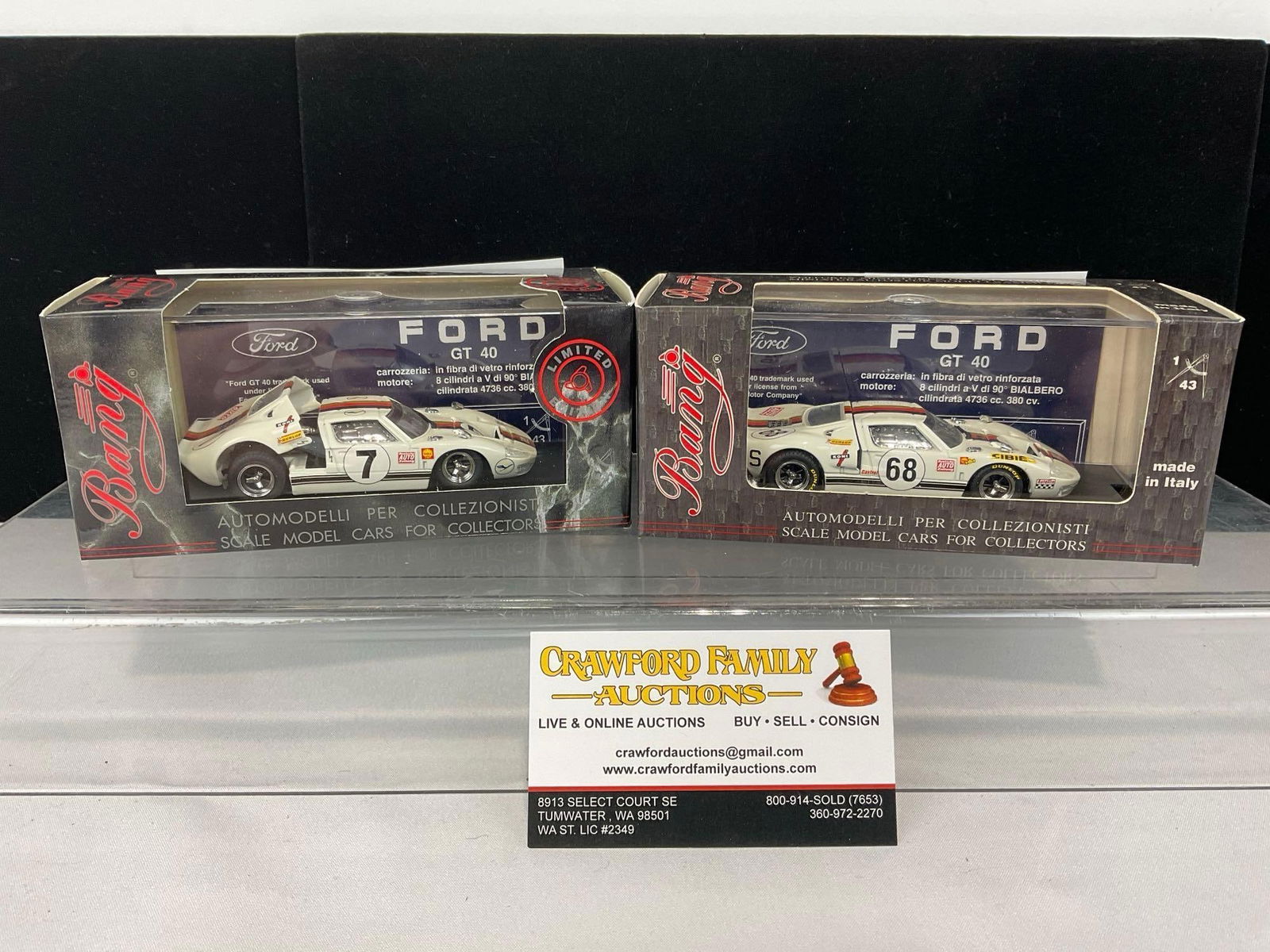 Pair of Bang Models, 1969 Ford GT 40 Watkins Glen & LM, 1/43 Scale Diecast Car Model orig boxes: Appears to be in good shape. The piece measures approx 7h x 7w x 4d inches. See pics. E-5420