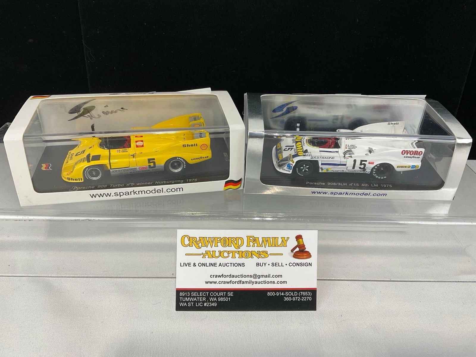 Pair of Spark, Porsche 908 Models, 1 Signed by Joest, 1/43 Scale Diecast Car Model orig boxes: Reinhold Joest signed the Nurburgring winning 1976 908 Turbo car box on the top. Appears to be in good shape. The piece measures approx 6h x 4w x 4d inches. See pics. E-5420