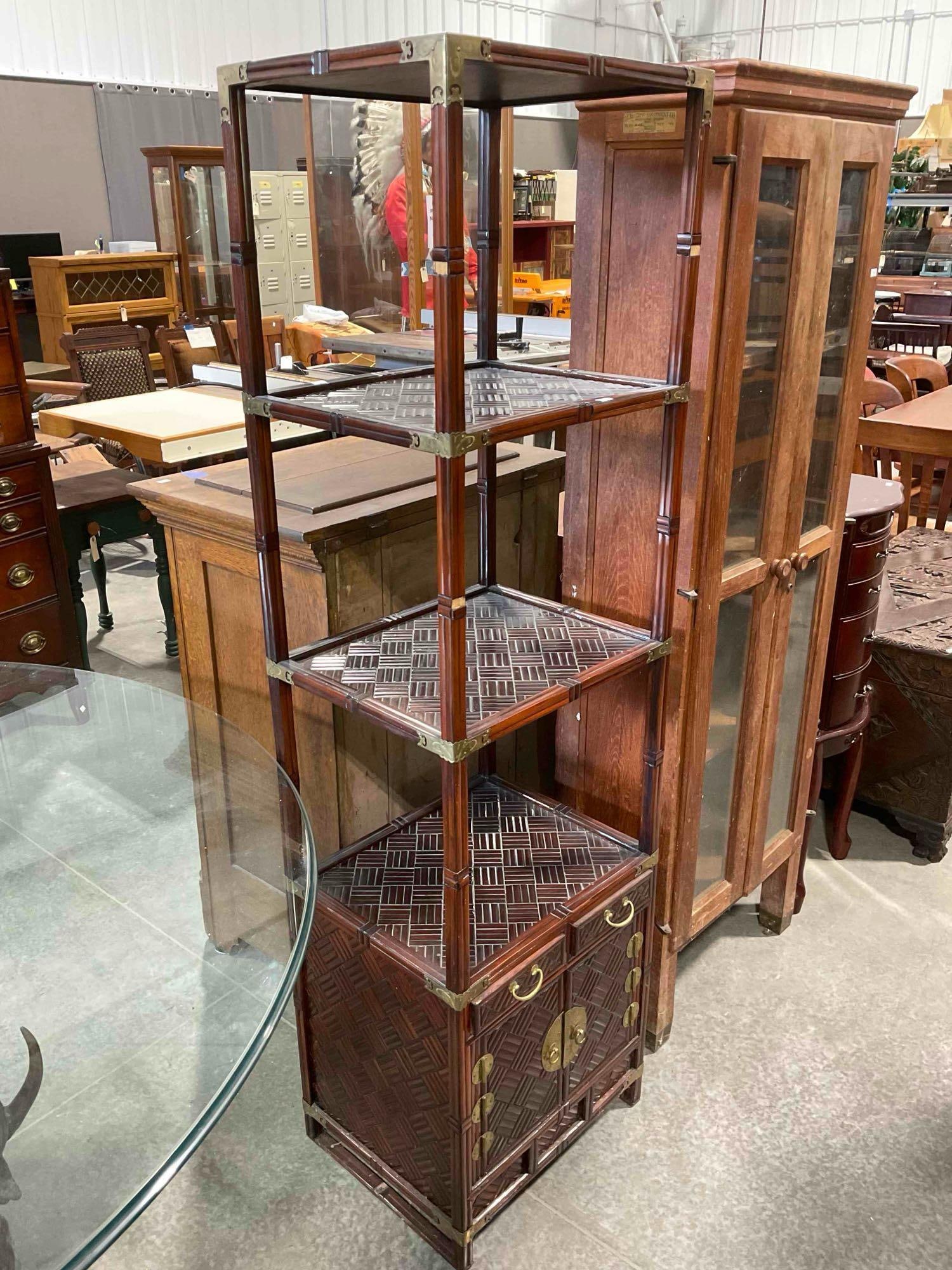 Vintage Asian Style Bamboo & Brass 3-Tier Etagere Display Case w/ Drawers & Cabinet. See pics. - 2