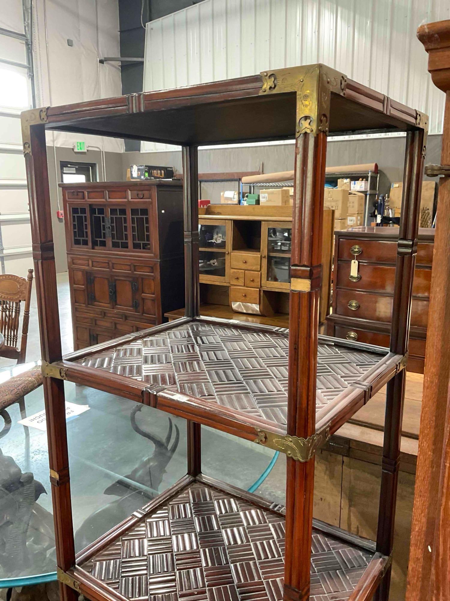 Vintage Asian Style Bamboo & Brass 3-Tier Etagere Display Case w/ Drawers & Cabinet. See pics. - 3