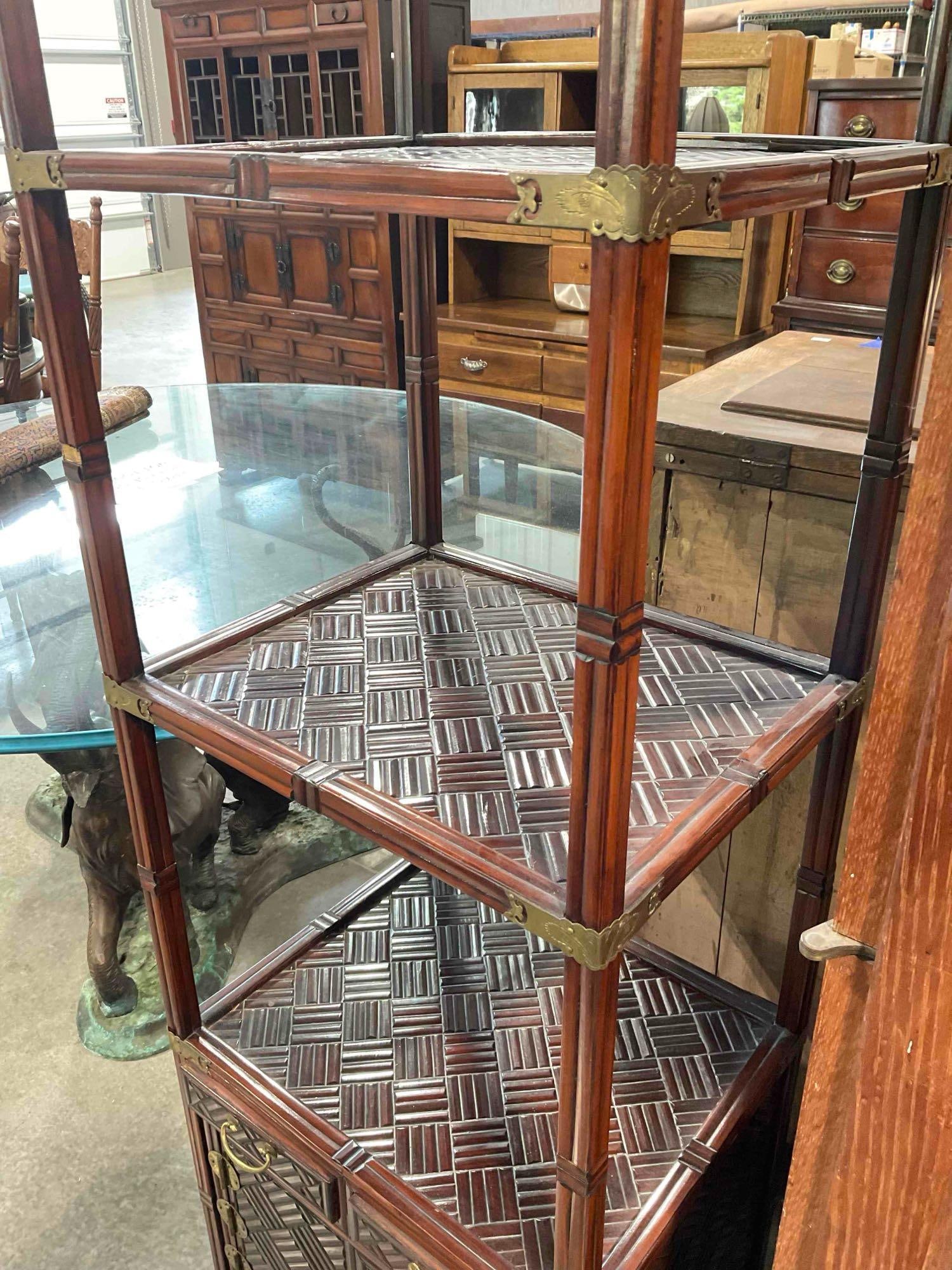 Vintage Asian Style Bamboo & Brass 3-Tier Etagere Display Case w/ Drawers & Cabinet. See pics. - 4