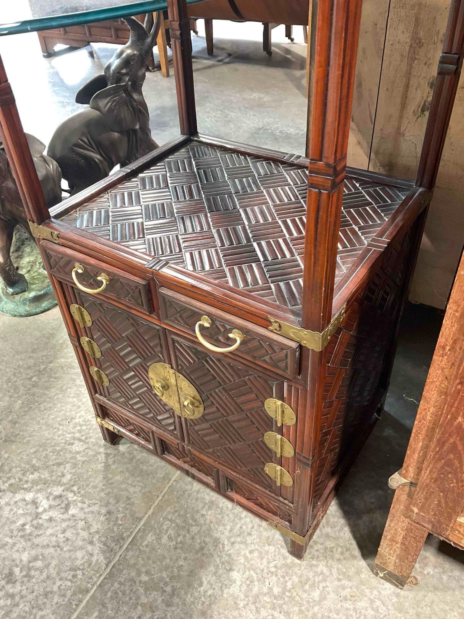 Vintage Asian Style Bamboo & Brass 3-Tier Etagere Display Case w/ Drawers & Cabinet. See pics. - 5