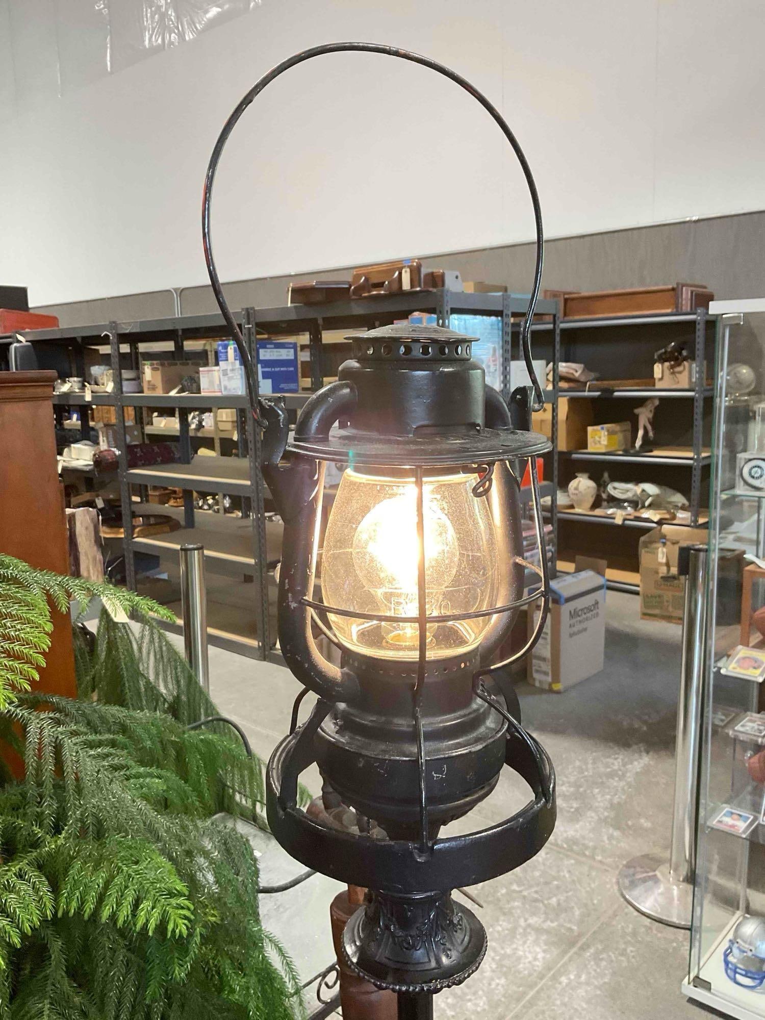 Vintage Black Painted Metal Floor Lamp w/ Dietz Railroad Light. Tested, Works. Very Good Cond. - 2