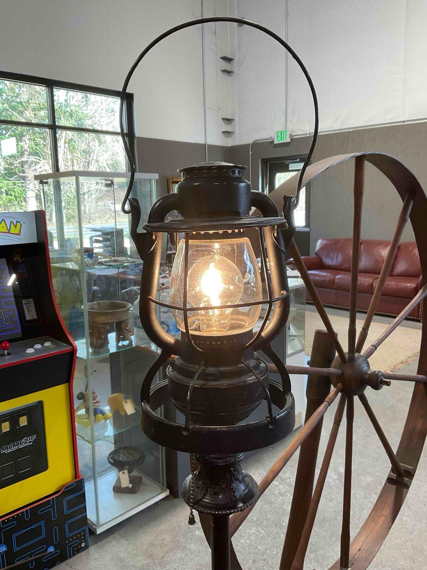 Vintage Black Painted Metal Floor Lamp w/ Dietz Railroad Light. Tested, Works. Very Good Cond. - 6