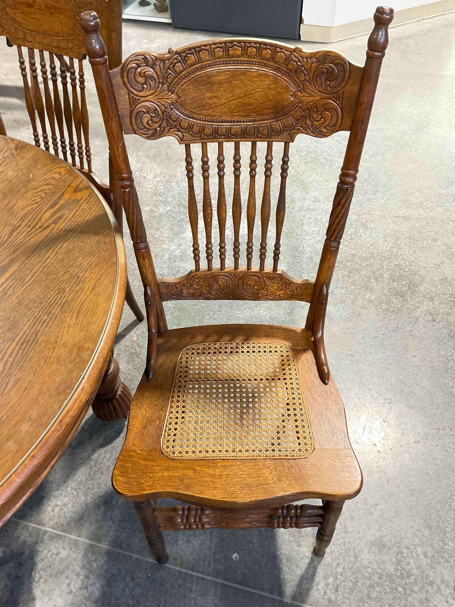 Antique? Oak Kitchen Table w/ 4 pcs Pressed Back Caned Chairs & Glass Top. Excellent Condition. - 2