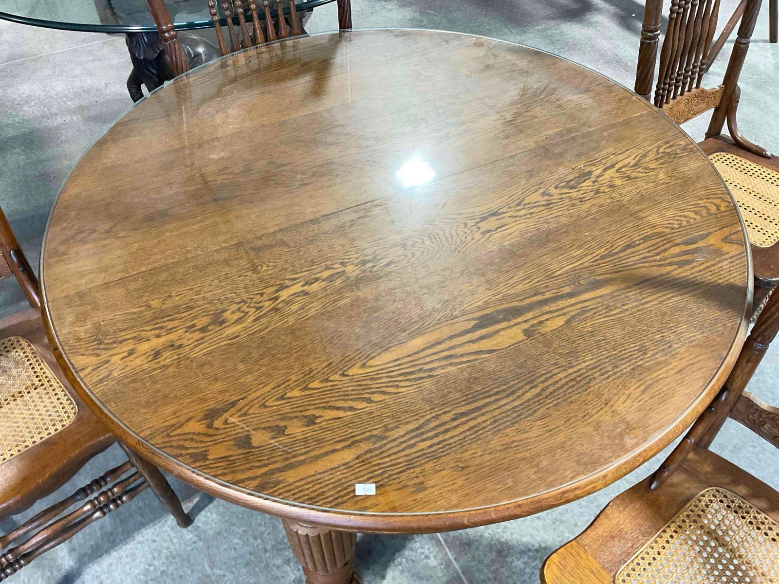 Antique? Oak Kitchen Table w/ 4 pcs Pressed Back Caned Chairs & Glass Top. Excellent Condition. - 6