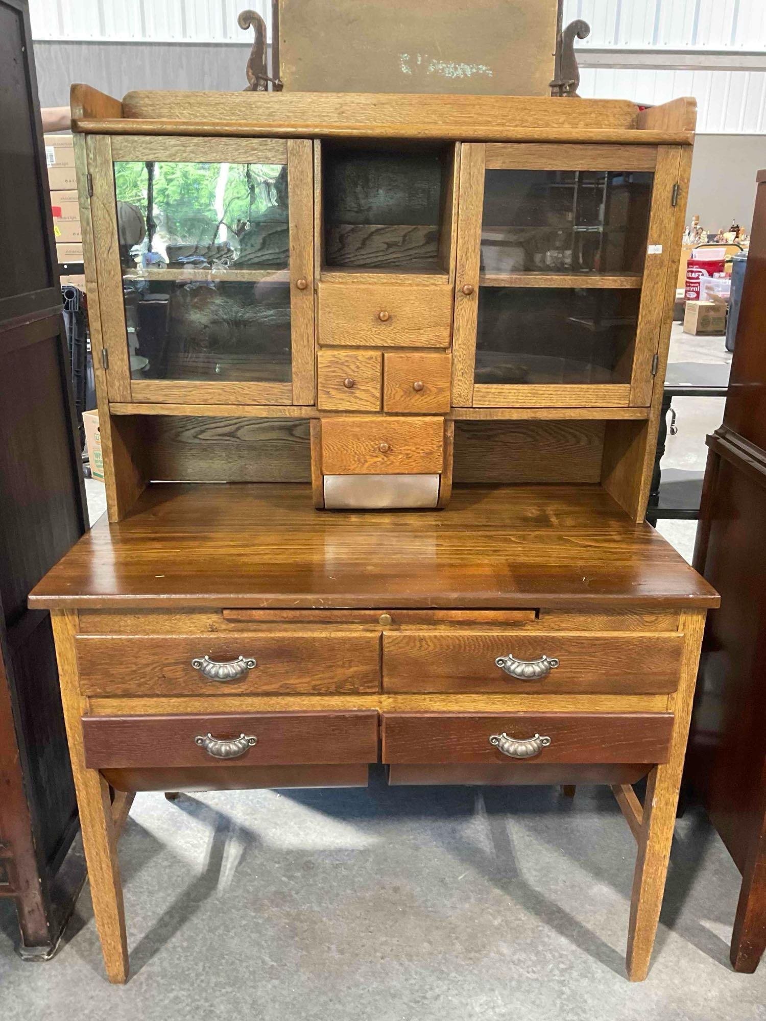 Antique 2-Piece Oak Wood Kitchen Queen Hutch w/ 6 Drawers & Cutting Board. Excellent Condition. (1 of 9)