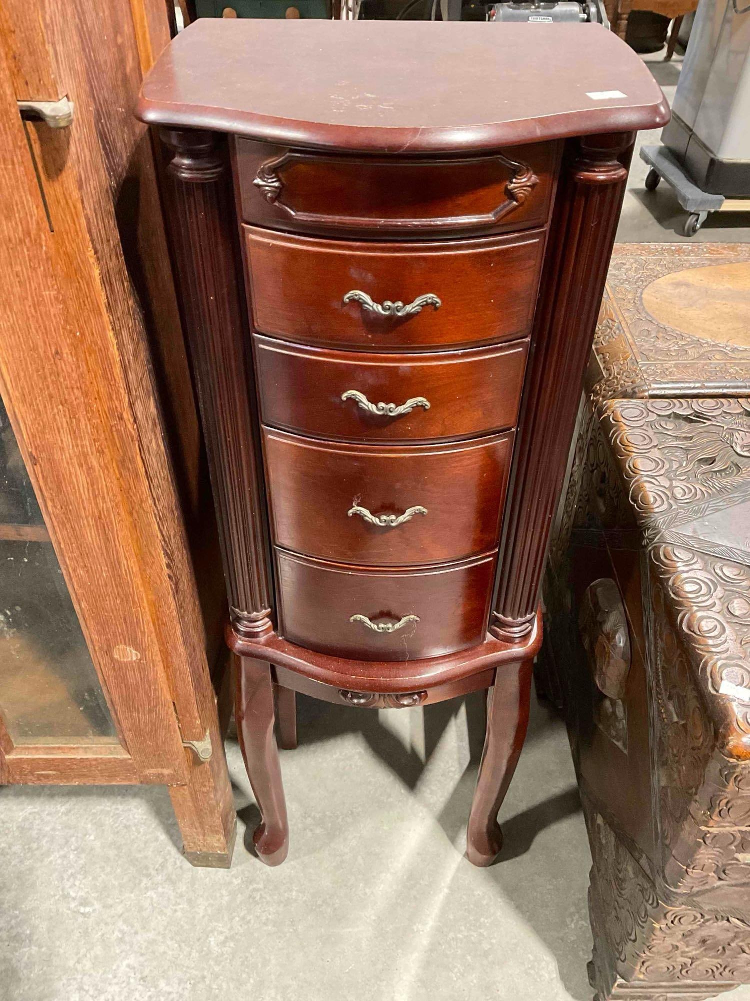 Modern Rosewood Finish Wood Jewelry Cabinet w/ Flip Up Mirror Top & 4x Green Felted Drawers.: Modern Rosewood Finish Wood Jewelry Cabinet w/ Flip Up Mirror Top & 4x Green Felted Drawers. Minor wear, loose back right leg, condition is otherwise good. Measures 13" x 11" x 37" DM-5450 *F