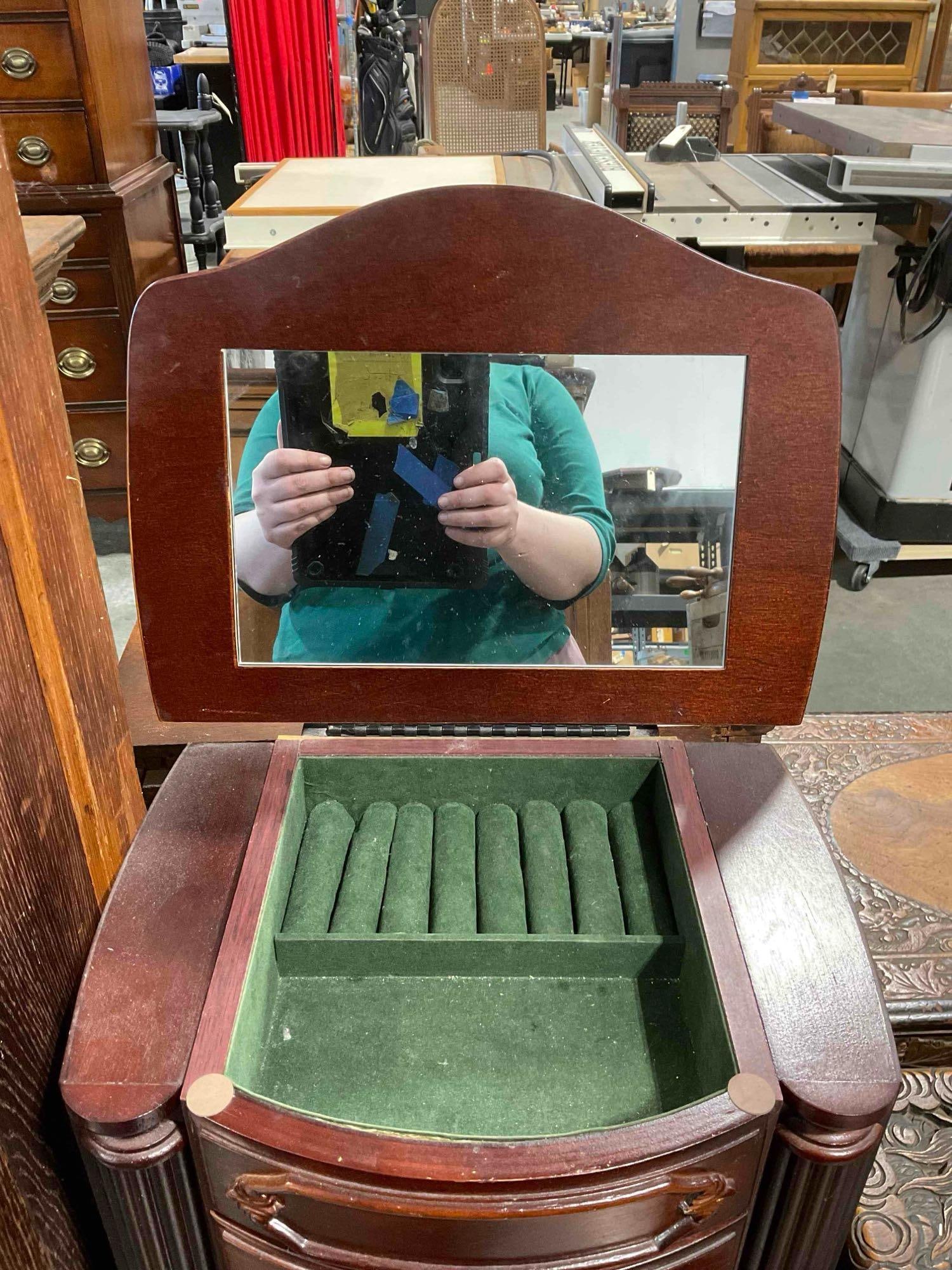 Modern Rosewood Finish Wood Jewelry Cabinet w/ Flip Up Mirror Top & 4x Green Felted Drawers. - 2