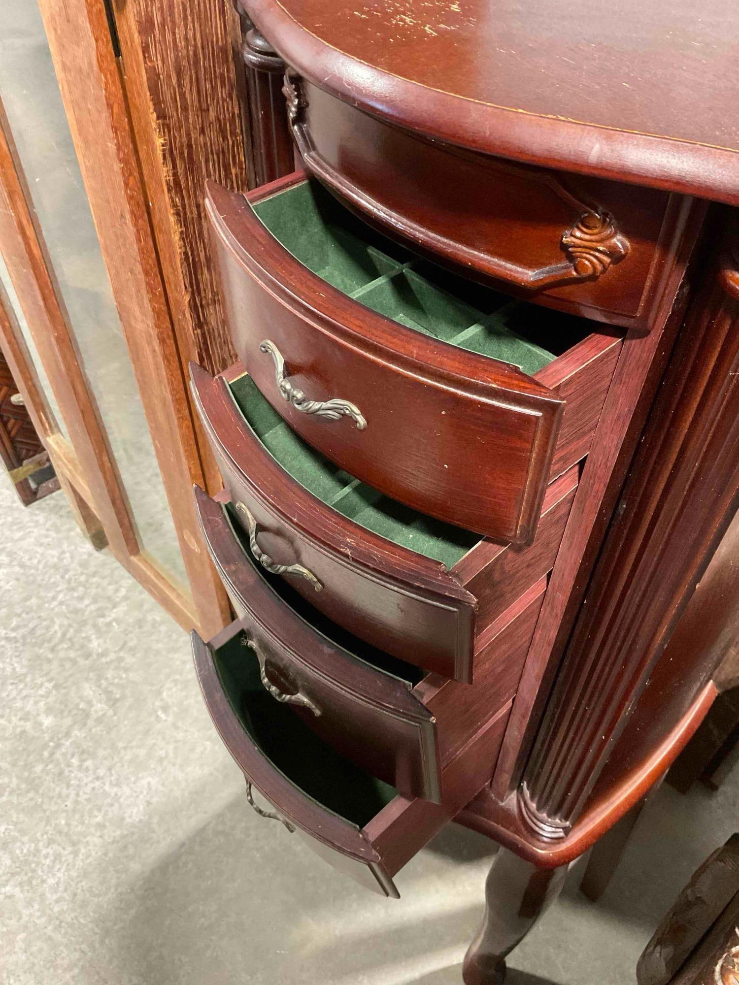 Modern Rosewood Finish Wood Jewelry Cabinet w/ Flip Up Mirror Top & 4x Green Felted Drawers. - 3