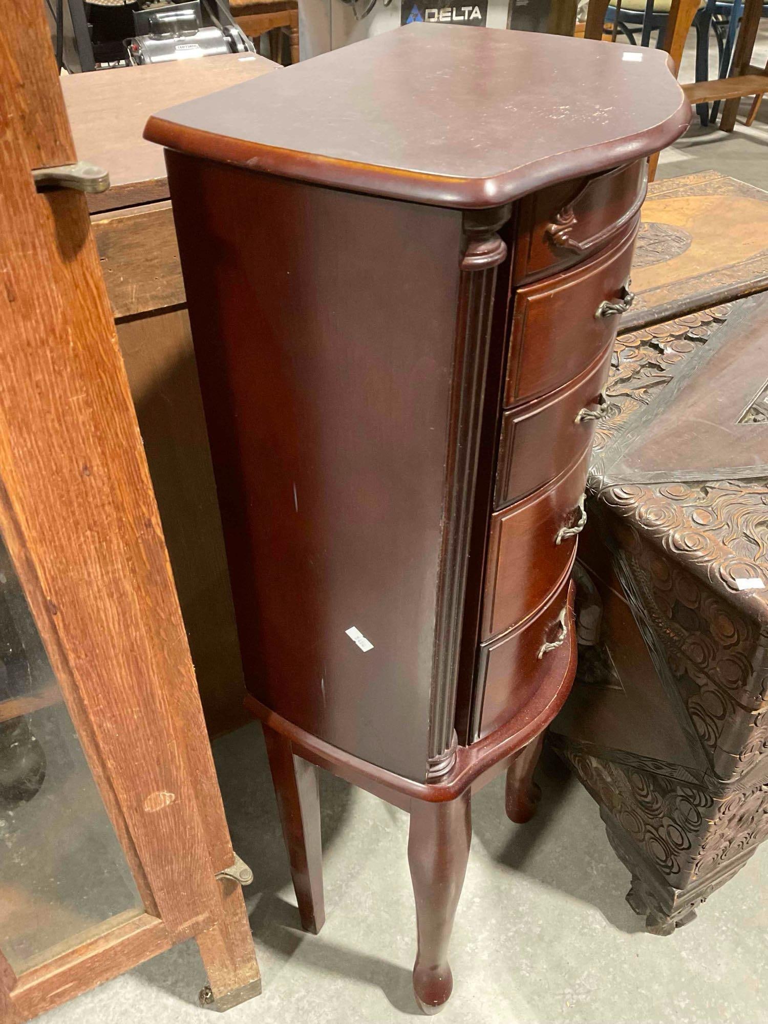 Modern Rosewood Finish Wood Jewelry Cabinet w/ Flip Up Mirror Top & 4x Green Felted Drawers. - 4