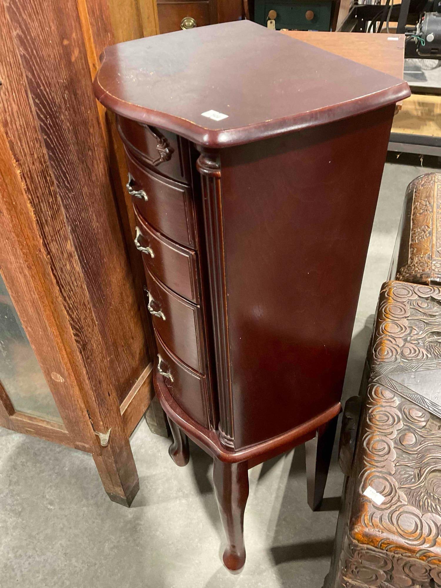 Modern Rosewood Finish Wood Jewelry Cabinet w/ Flip Up Mirror Top & 4x Green Felted Drawers. - 5
