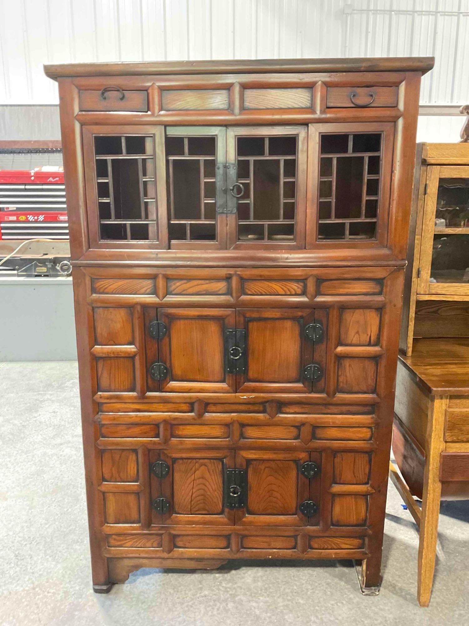 Antique Korean Elm? Wood Chanjang Cabinet w/ Sliding Lattice Door. Very Good Condition. (1 of 9)