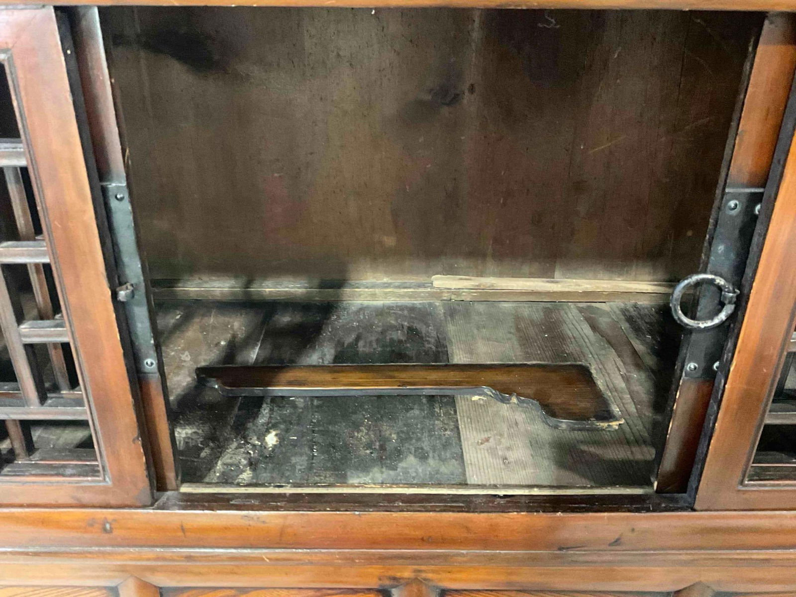 Antique Korean Elm? Wood Chanjang Cabinet w/ Sliding Lattice Door. Very Good Condition. - 6