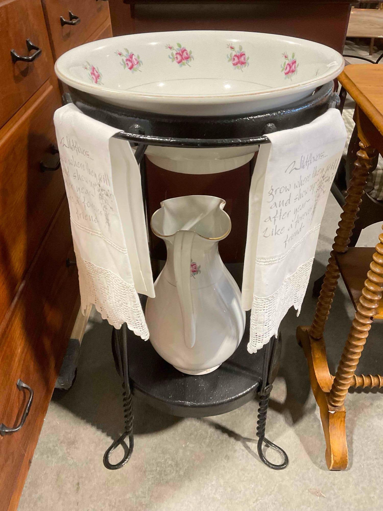 Antique Black Painted Metal Wash Stand w/ Copeland Basin & Pitcher. Excellent Condition. (1 of 6)