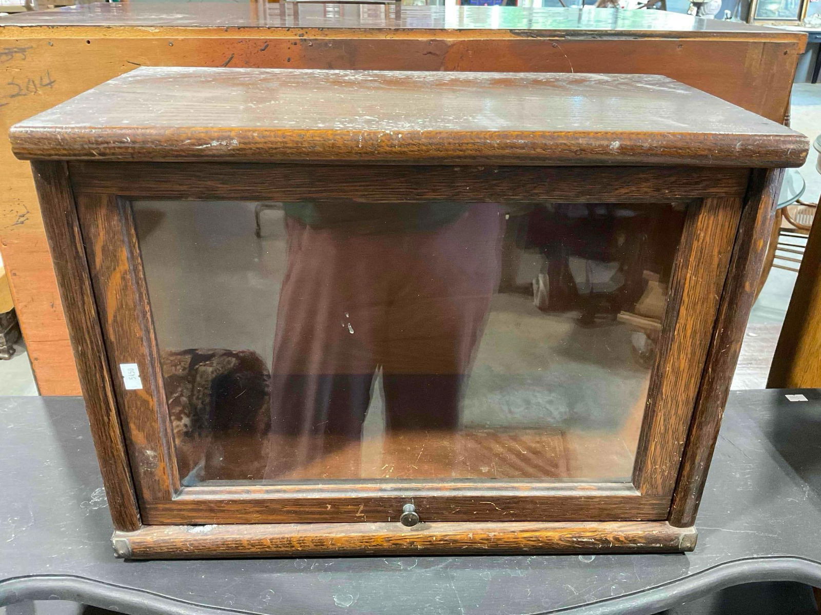 Antique Oak Wood Glass Fronted Singular Barrister Bookcase Section. Good Condition. See pics. (1 of 7)