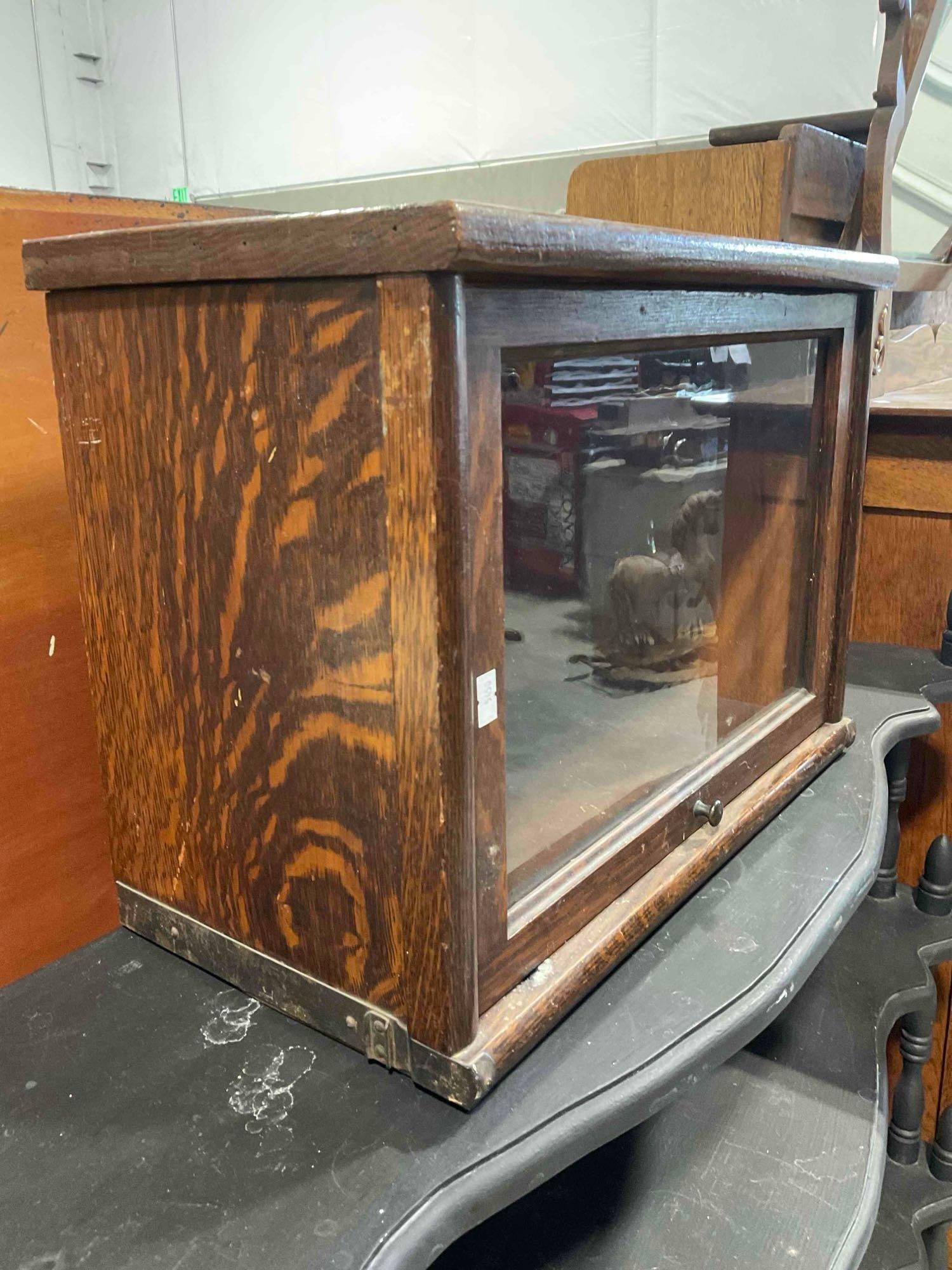 Antique Oak Wood Glass Fronted Singular Barrister Bookcase Section. Good Condition. See pics. - 3