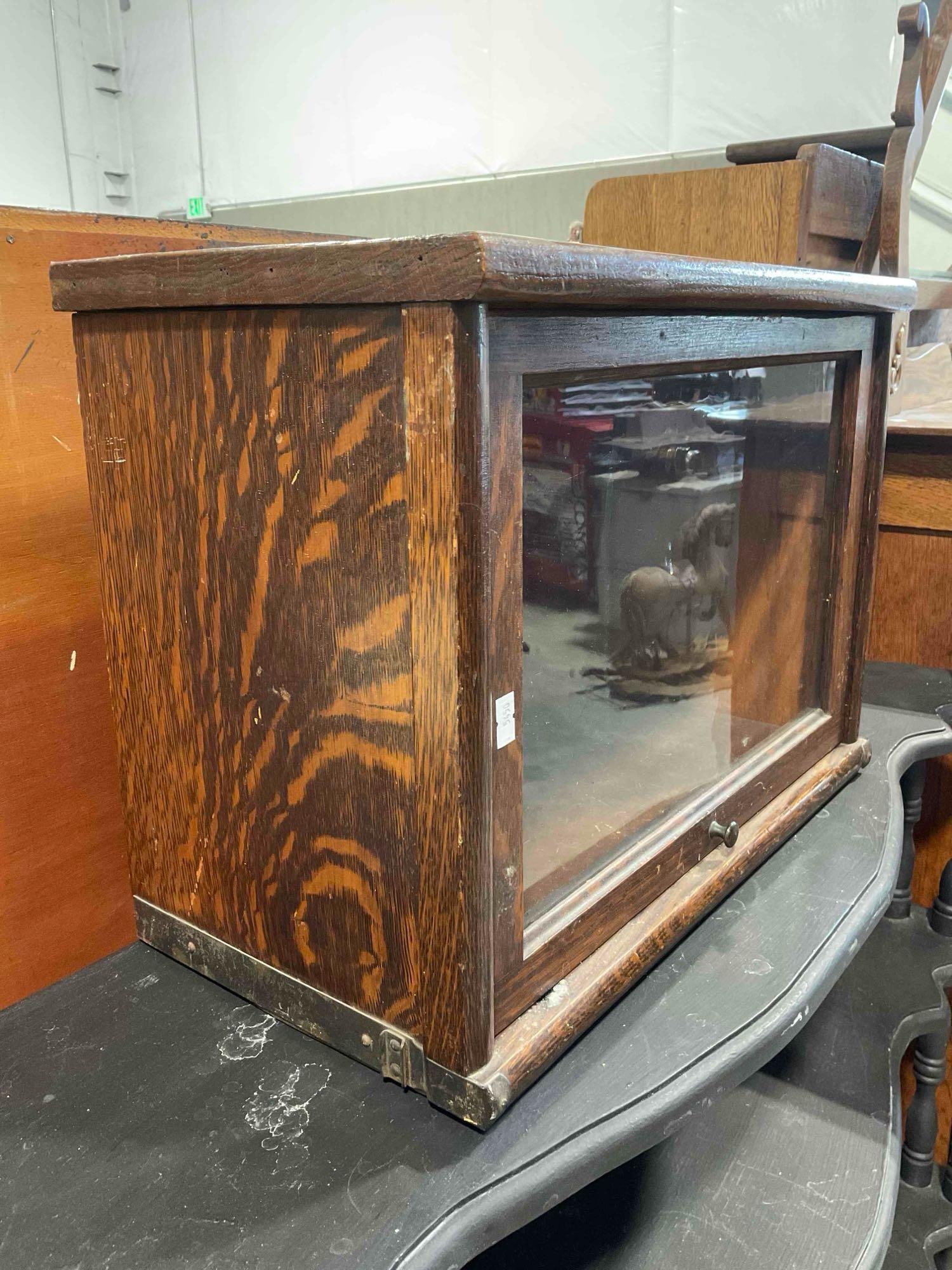 Antique Oak Wood Glass Fronted Singular Barrister Bookcase Section. Good Condition. See pics. - 4