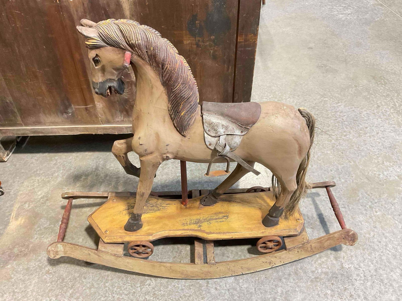 Antique Wooden Rocking Horse w/ Horse Hair Tail & Leather Saddle. Very Good Condition. (1 of 7)