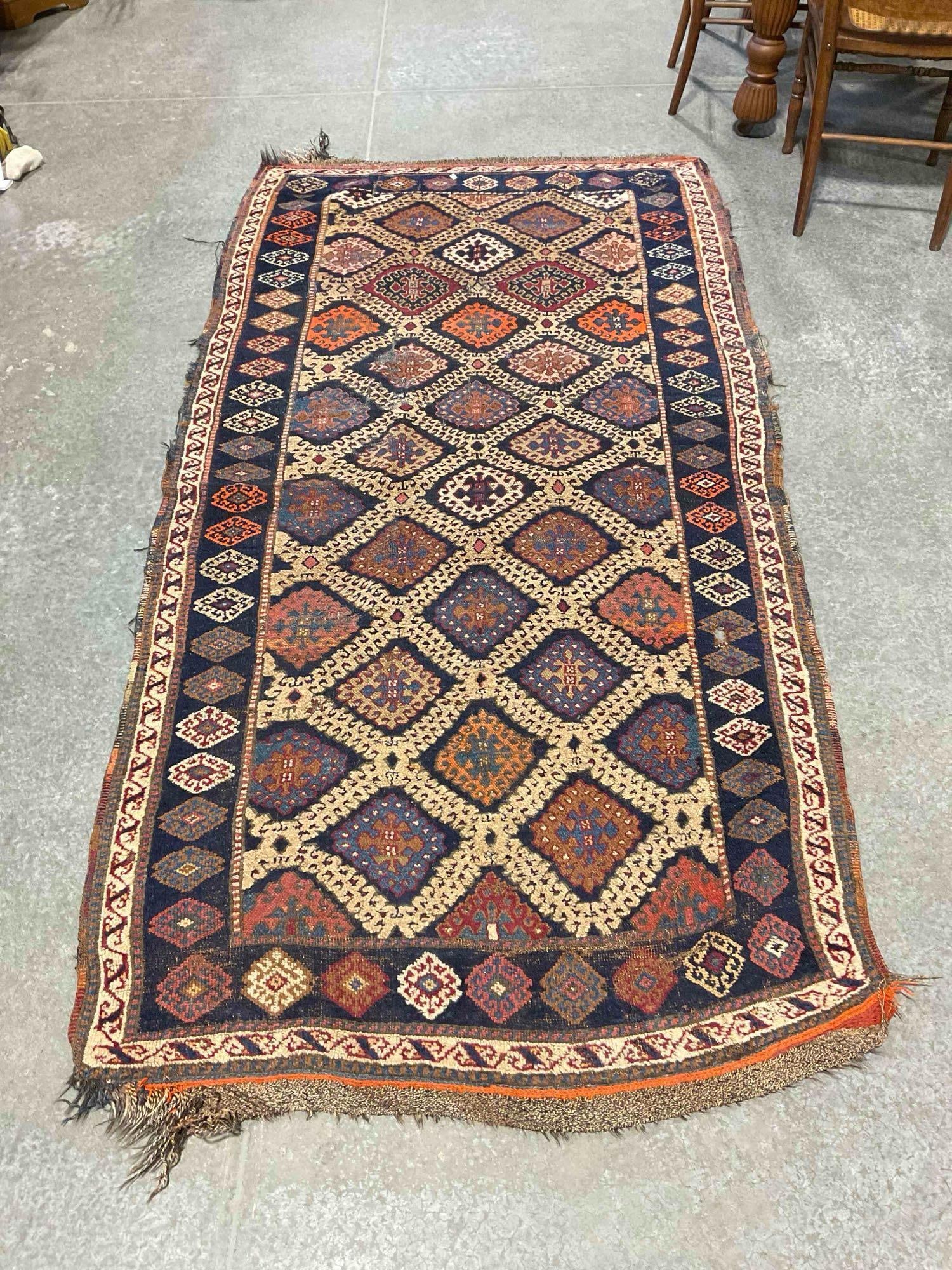 Antique Persian Khamseh? Wool Rug w/ Blue & Cream Diamond Pattern. Measures 97" x 45": Antique Persian Khamseh? Wool Rug w/ Blue & Cream Diamond Pattern. Measures 97" x 45" Piece has wear indicative of age, small hole, fringe is tired, condition is otherwise good. Unsure of