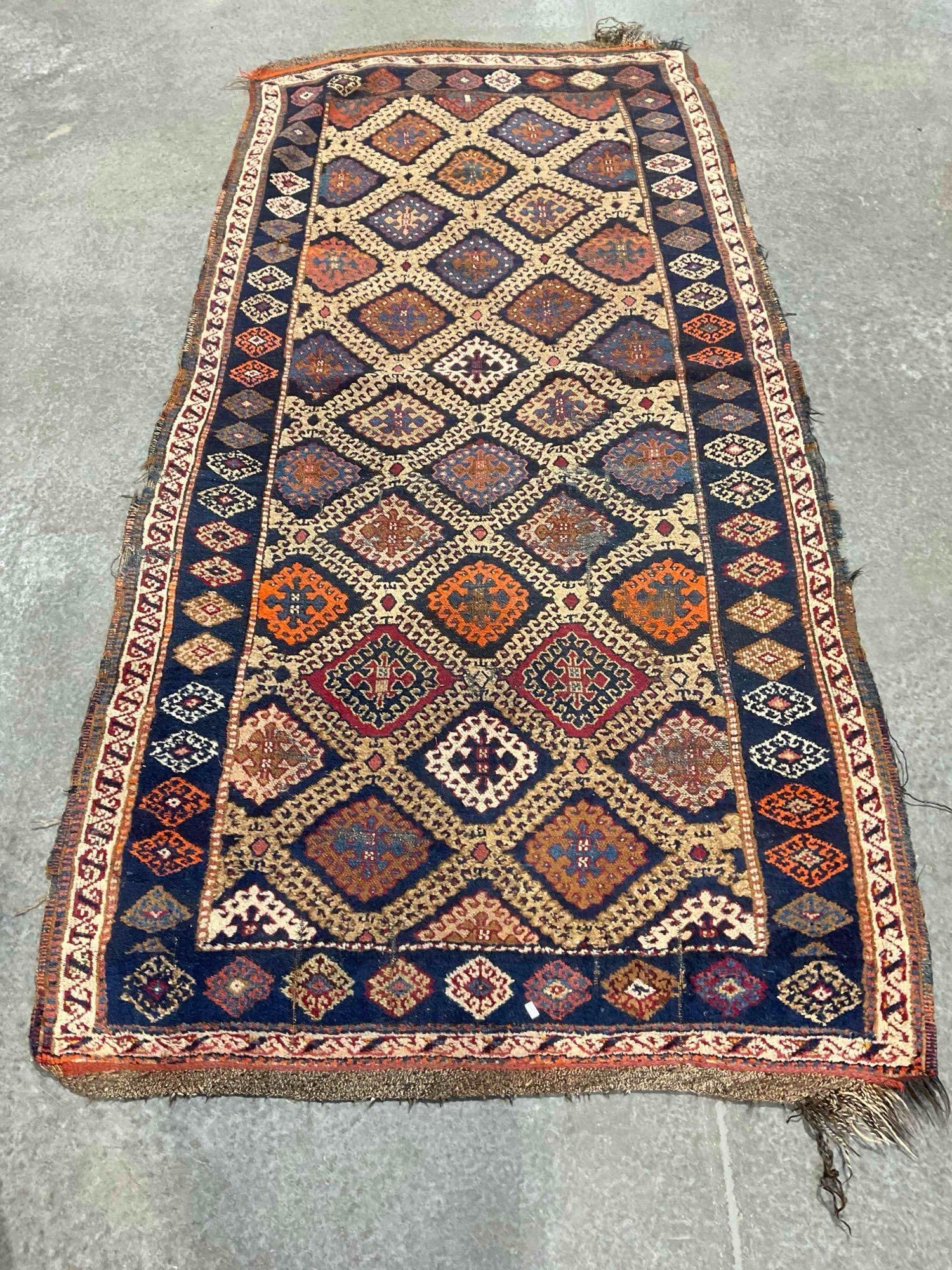 Antique Persian Khamseh? Wool Rug w/ Blue & Cream Diamond Pattern. Measures 97" x 45" - 2
