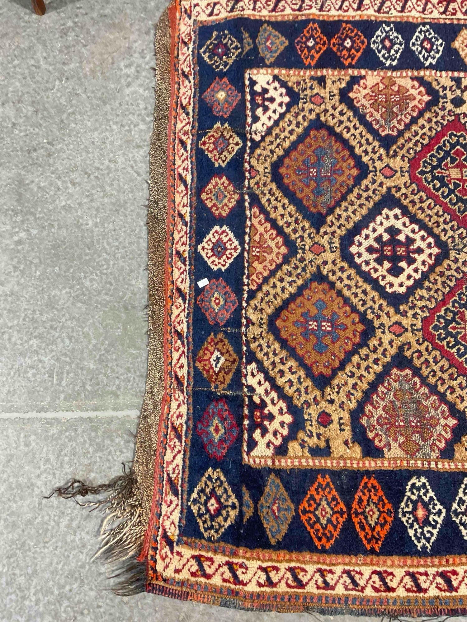 Antique Persian Khamseh? Wool Rug w/ Blue & Cream Diamond Pattern. Measures 97" x 45" - 3