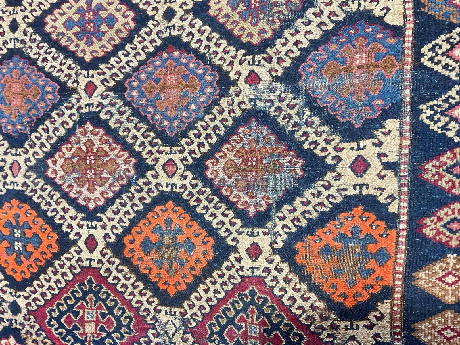 Antique Persian Khamseh? Wool Rug w/ Blue & Cream Diamond Pattern. Measures 97" x 45" - 4