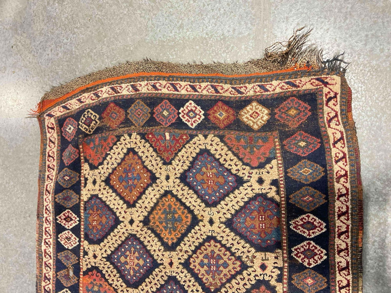 Antique Persian Khamseh? Wool Rug w/ Blue & Cream Diamond Pattern. Measures 97" x 45" - 5