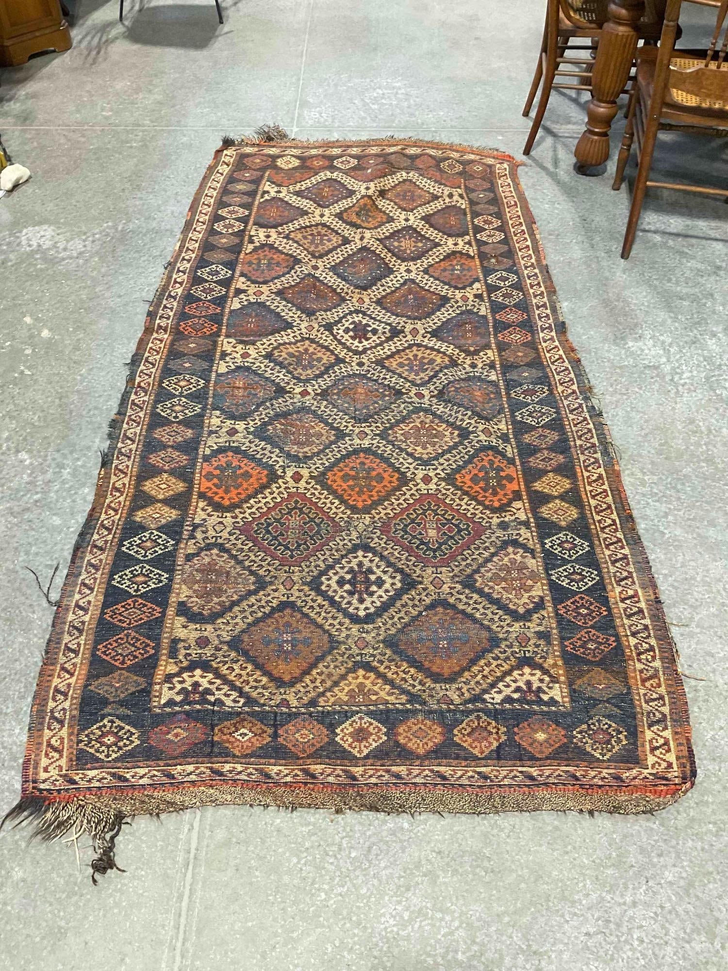 Antique Persian Khamseh? Wool Rug w/ Blue & Cream Diamond Pattern. Measures 97" x 45" - 7