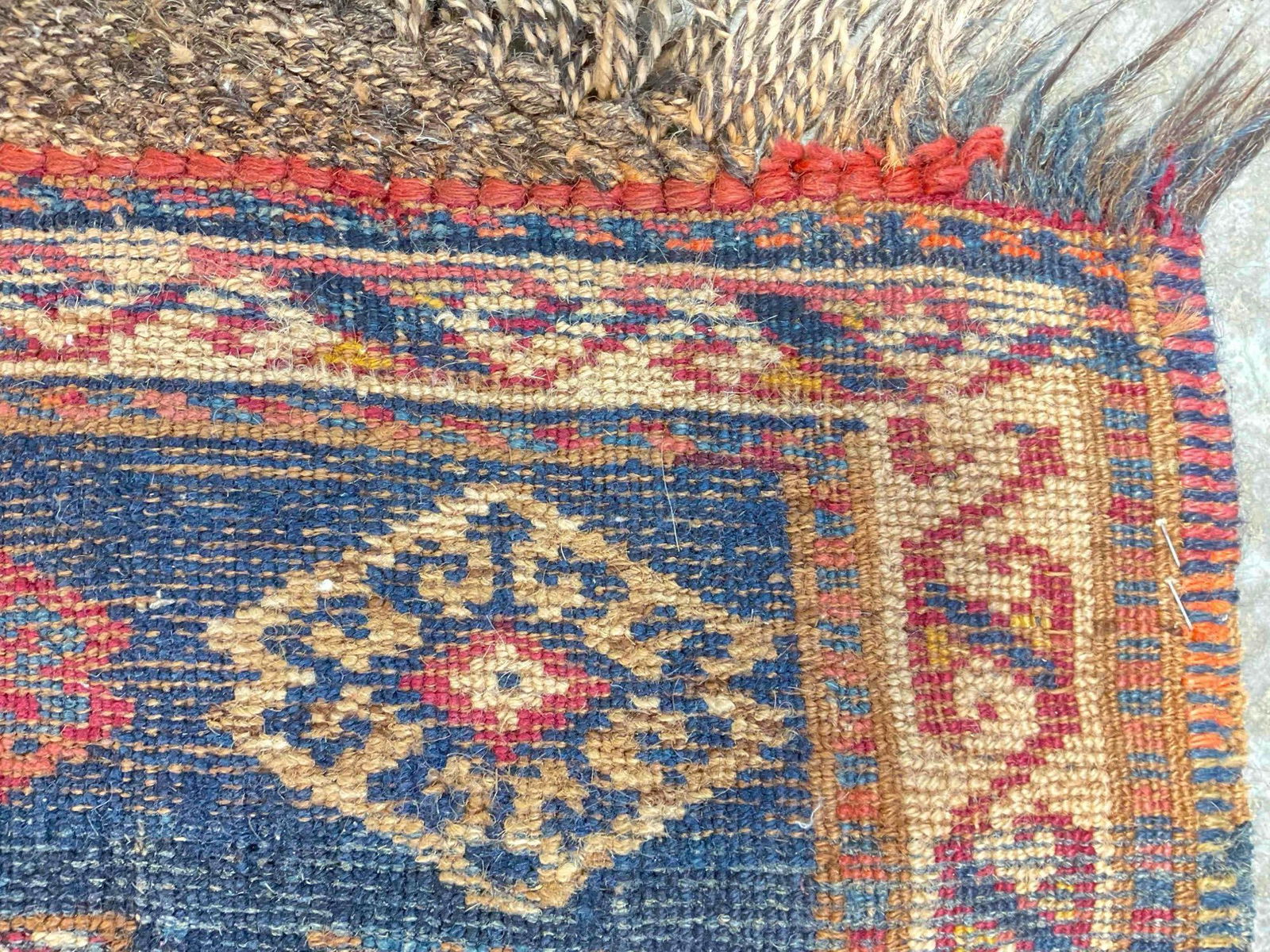 Antique Persian Khamseh? Wool Rug w/ Blue & Cream Diamond Pattern. Measures 97" x 45" - 8