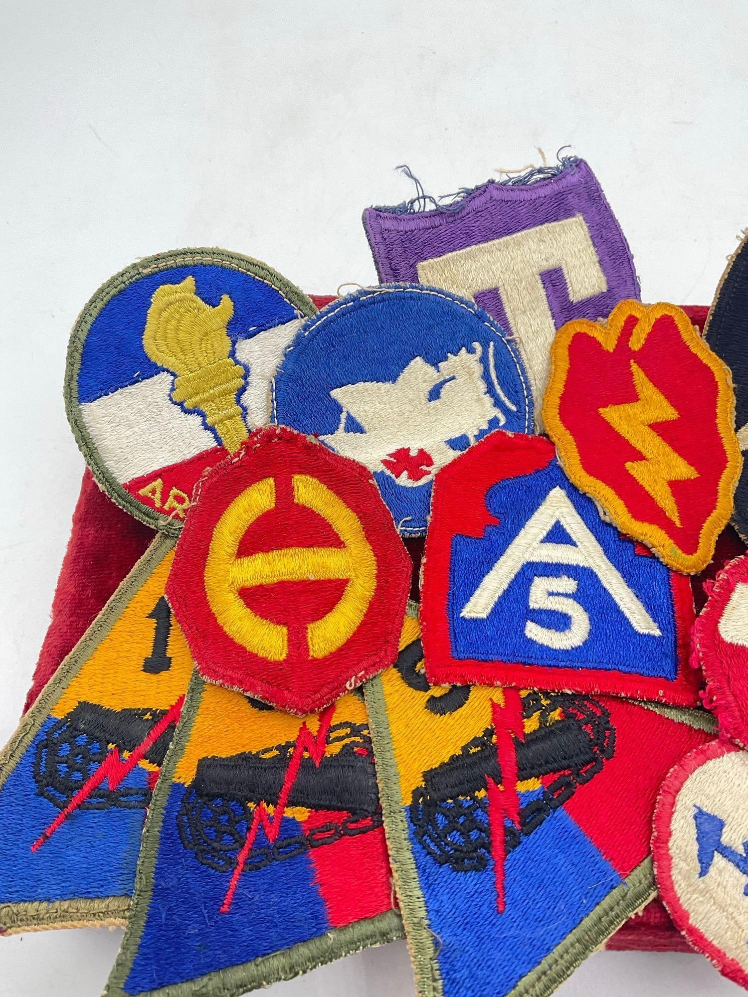 Large lot of 12 authentic WWII & 1 WWI Shoulder patches & 1 Texas Letterman Patch see description - 2