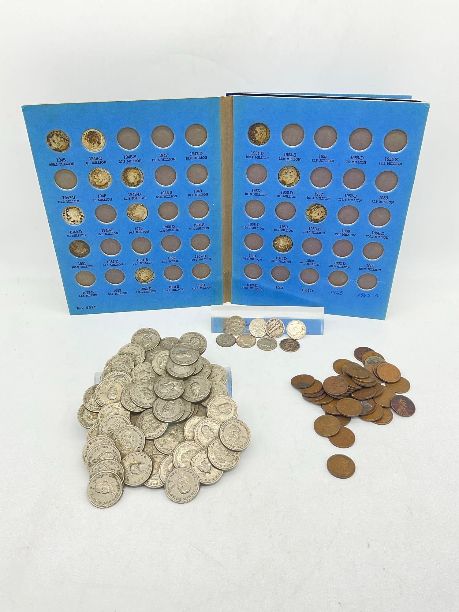 6x Sterling silver pieces, Holed Silver 1856 Half Dime, 20 x Silver dimes + Coin Plaque, wheats etc (1 of 7)