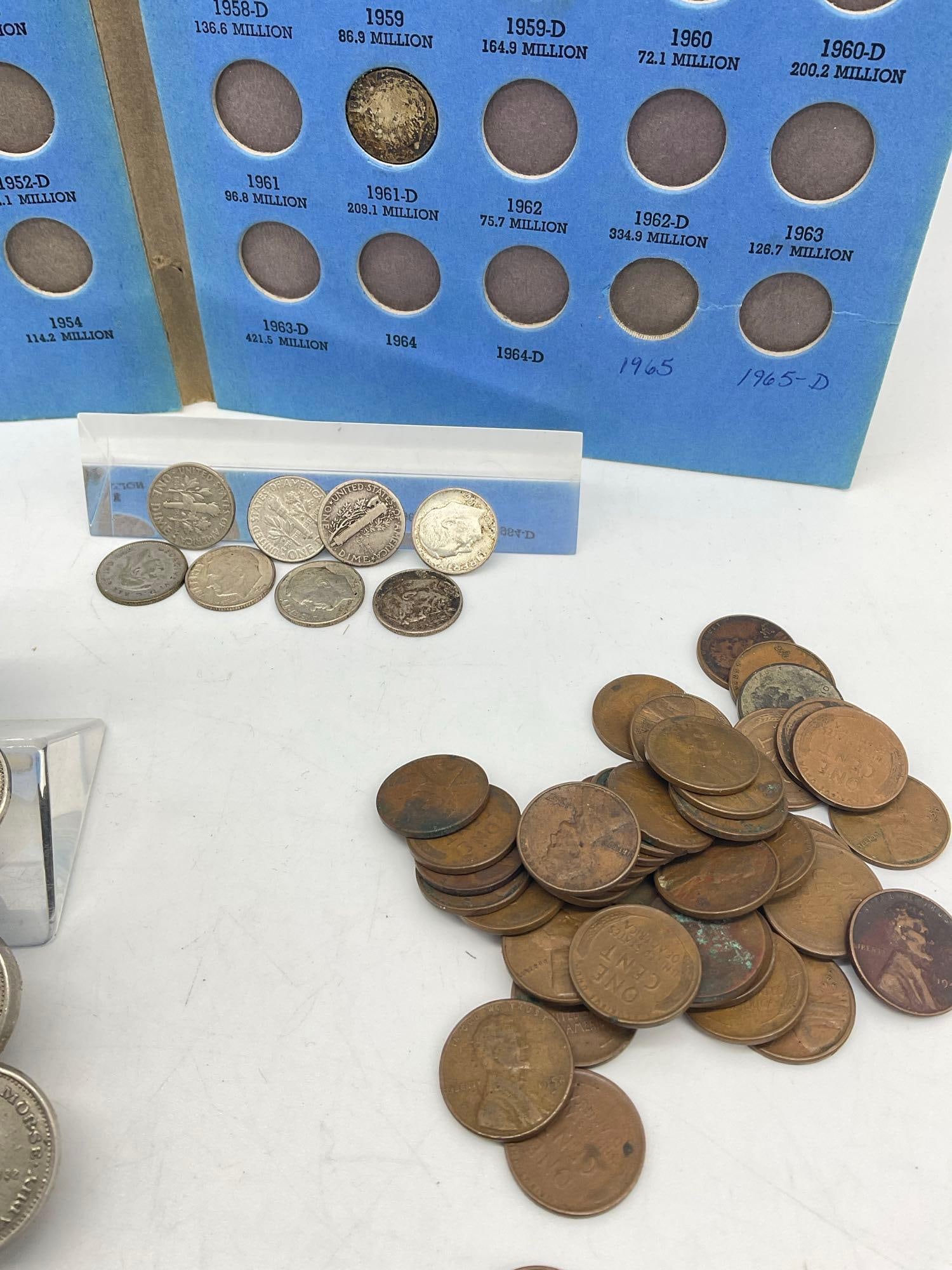 6x Sterling silver pieces, Holed Silver 1856 Half Dime, 20 x Silver dimes + Coin Plaque, wheats etc - 3