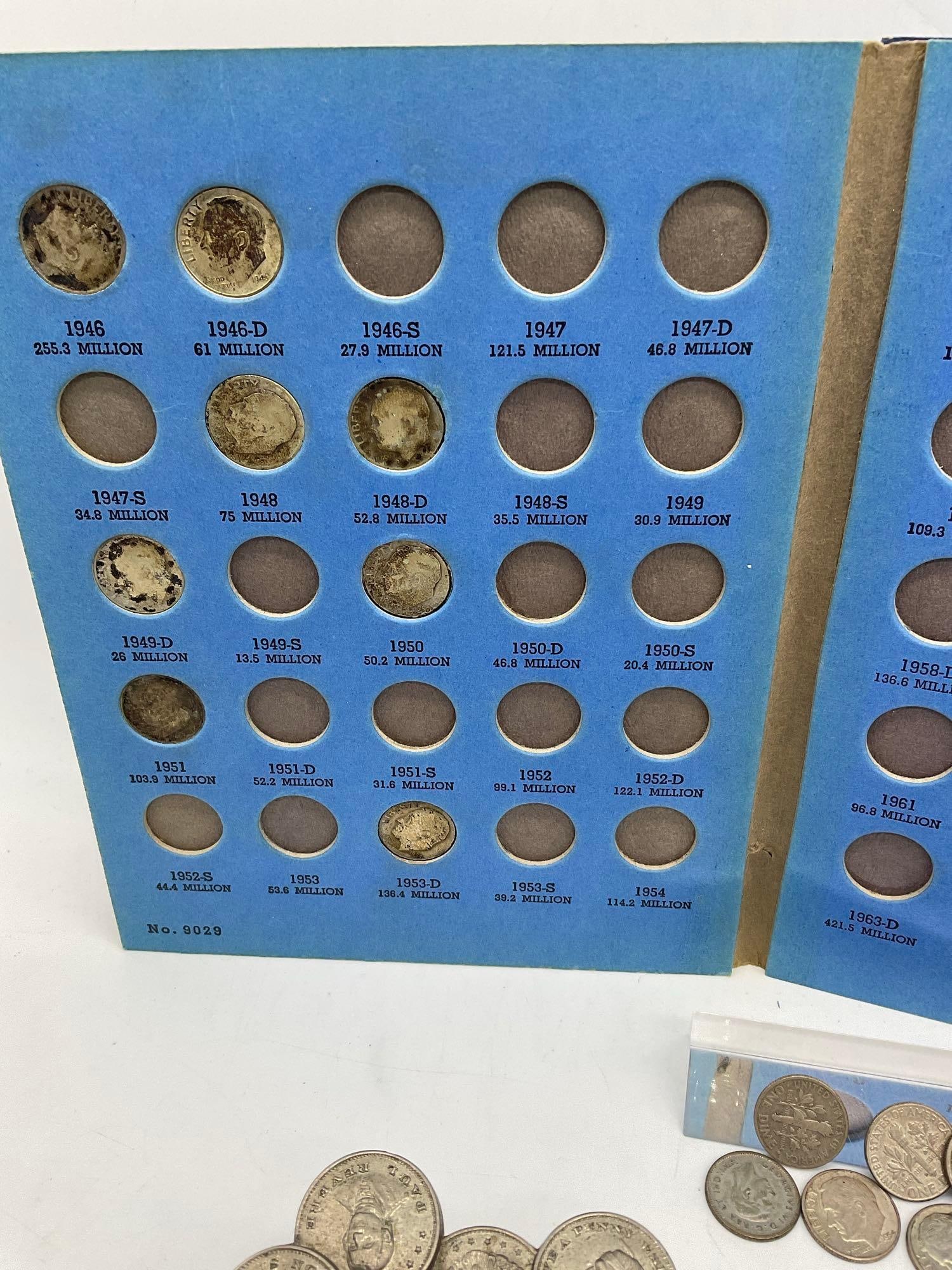 6x Sterling silver pieces, Holed Silver 1856 Half Dime, 20 x Silver dimes + Coin Plaque, wheats etc - 4