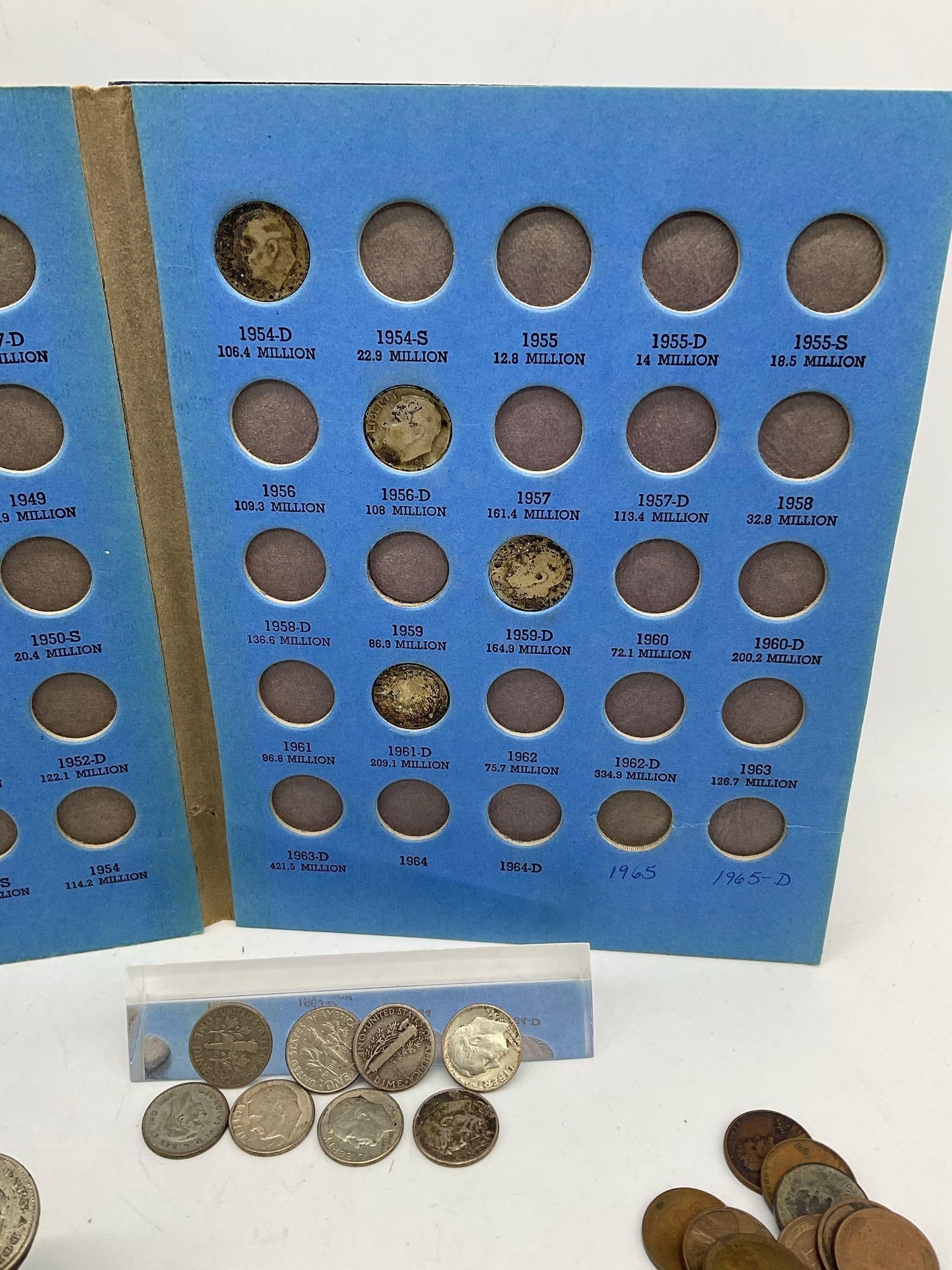6x Sterling silver pieces, Holed Silver 1856 Half Dime, 20 x Silver dimes + Coin Plaque, wheats etc - 5