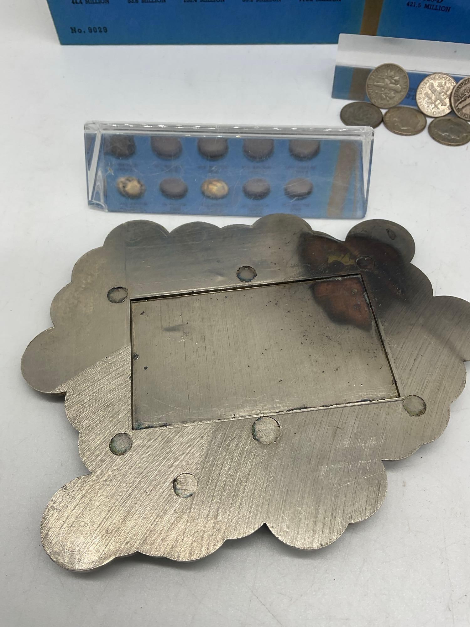 6x Sterling silver pieces, Holed Silver 1856 Half Dime, 20 x Silver dimes + Coin Plaque, wheats etc - 6