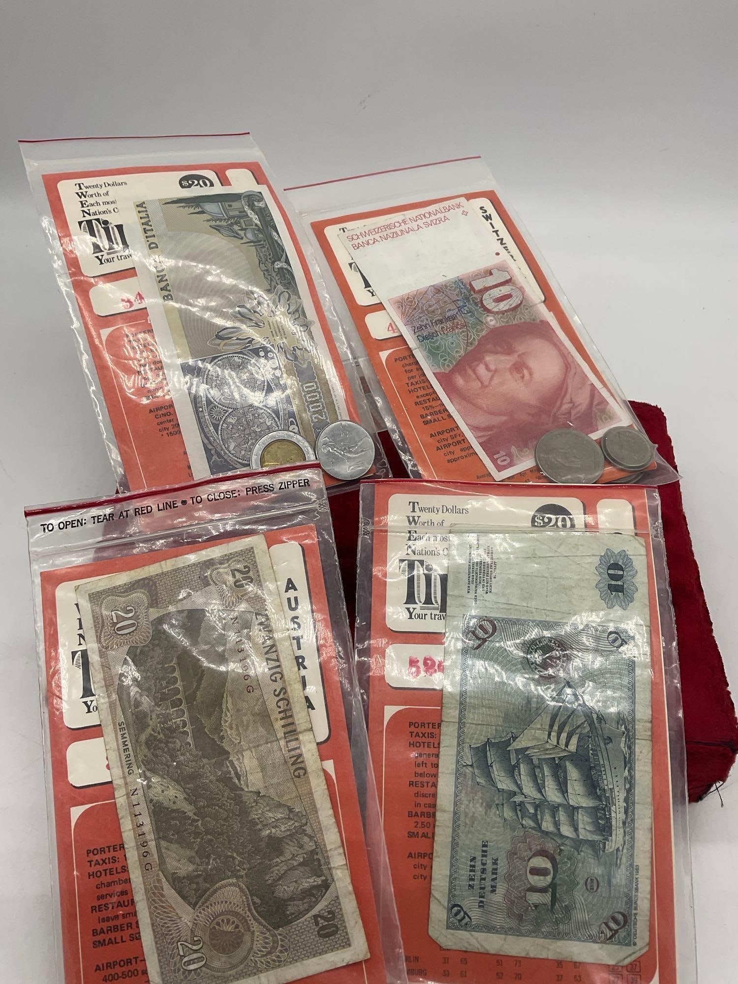4x Vintage 20.00 Foreign currency travel packs Italy, Austria , Switzerland , West Germany + Baha... - 5
