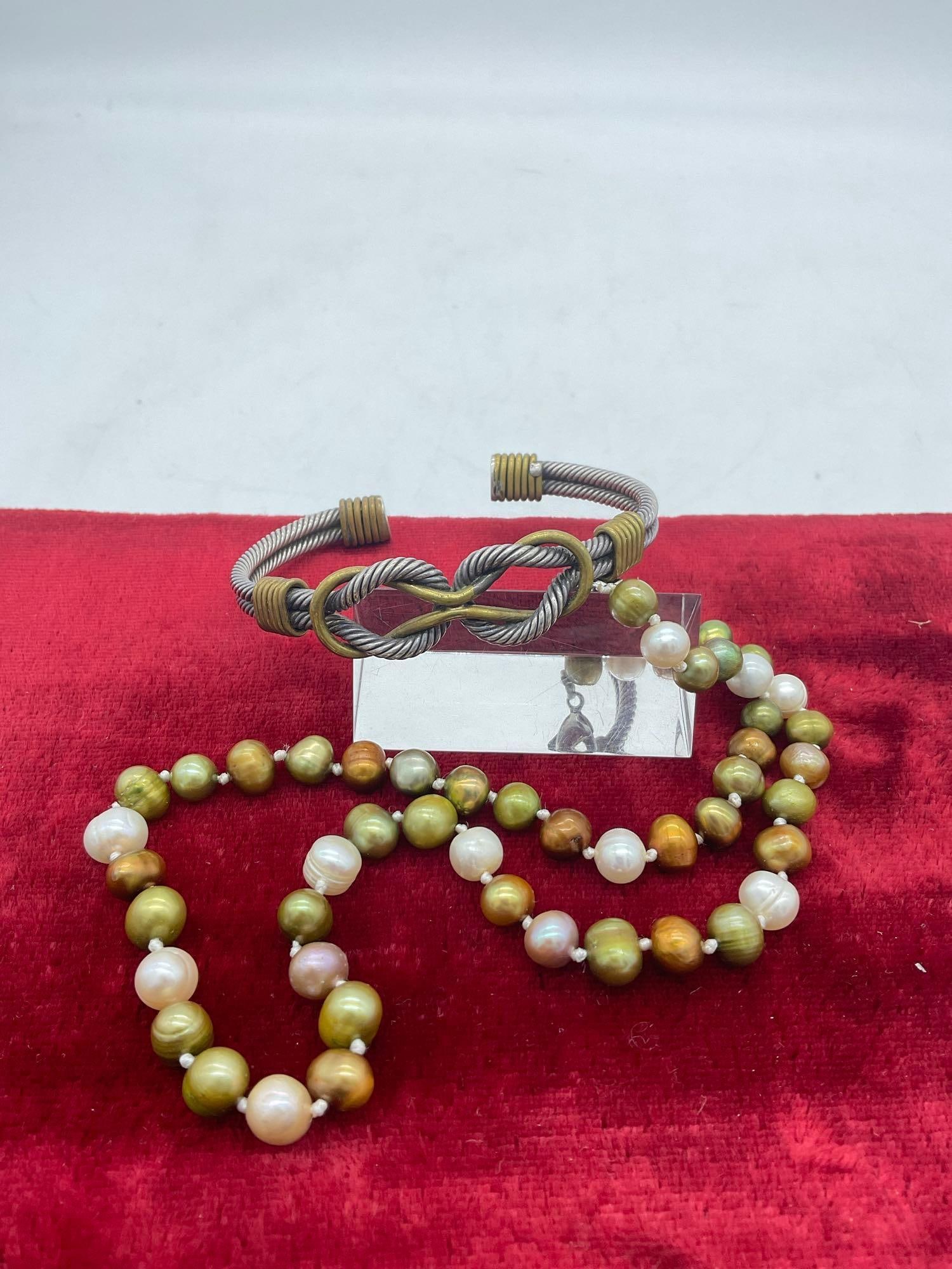 Heavy sterling silver wrapped cuff w/ brass accents & Real Pearl Double knotted 16" bracelet: c-5180 Bracelet is 32.29 grams 