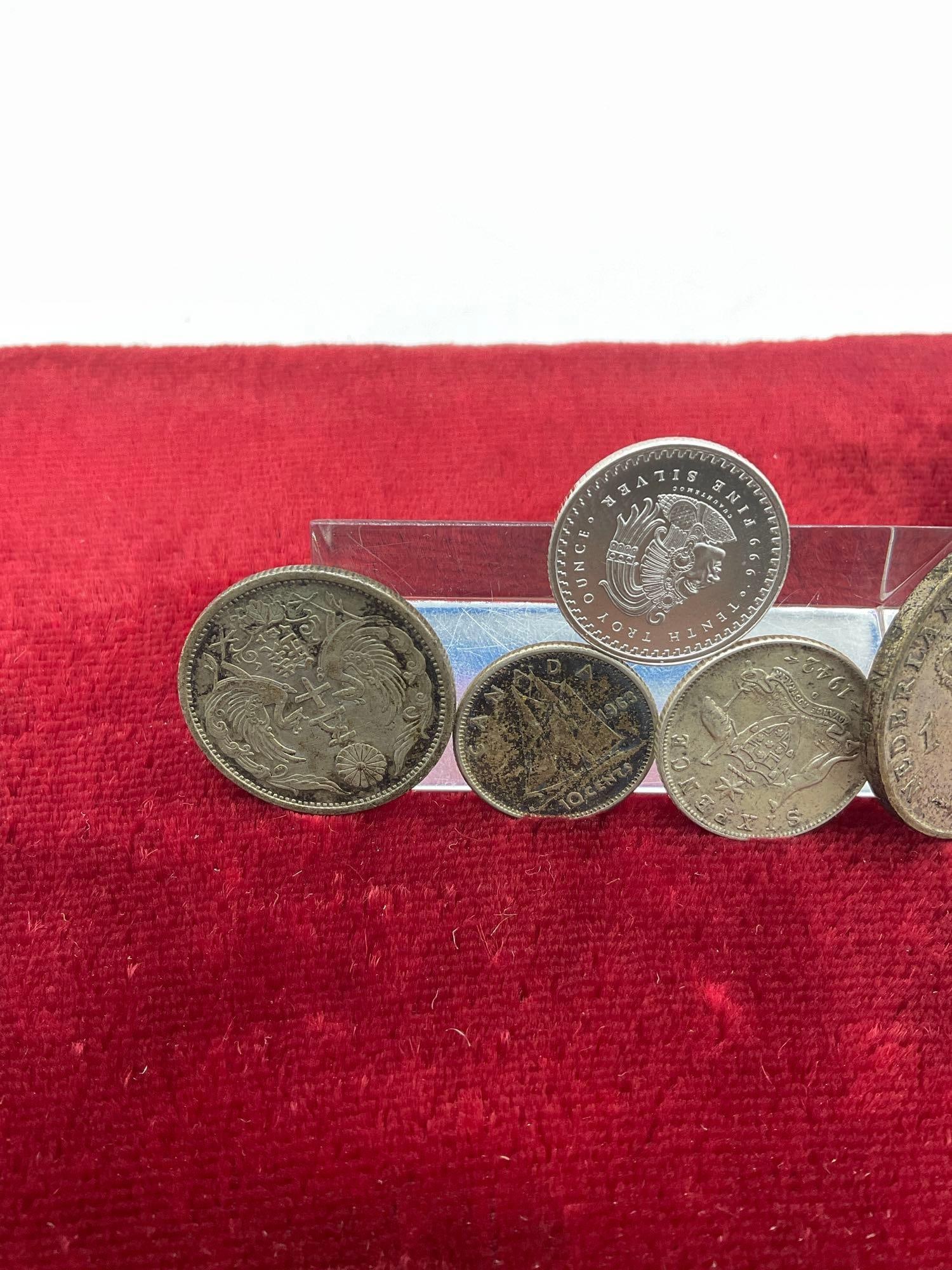 5x silver Foreign Coins , 1924 Japanese 50 Sen, 1942 6 pence, 1963 Canadian Dime , 1952 1-G, Plus - 2