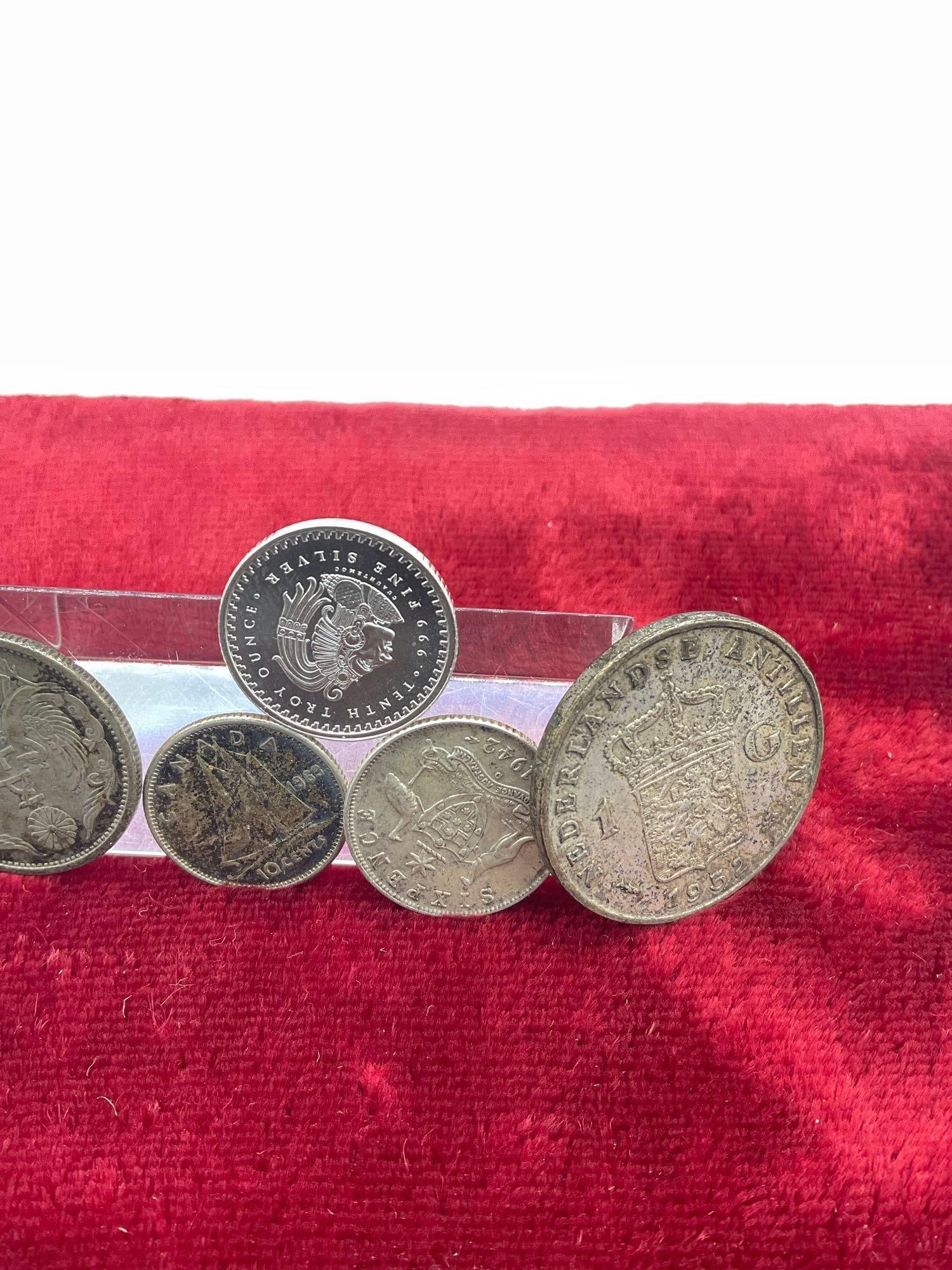 5x silver Foreign Coins , 1924 Japanese 50 Sen, 1942 6 pence, 1963 Canadian Dime , 1952 1-G, Plus - 3
